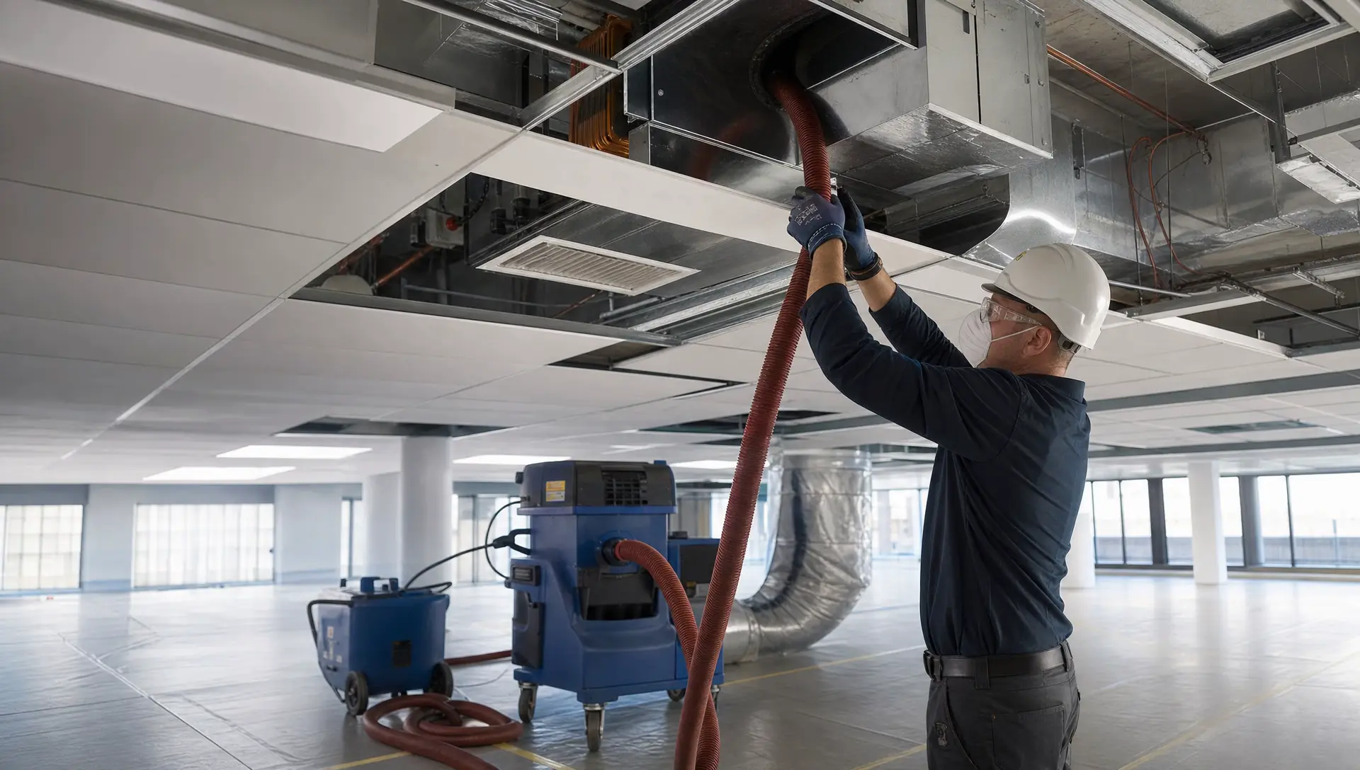 Service-Tech Corporation technician cleaning commercial HVAC ductwork above a suspended ceiling with negative-air containment equipment