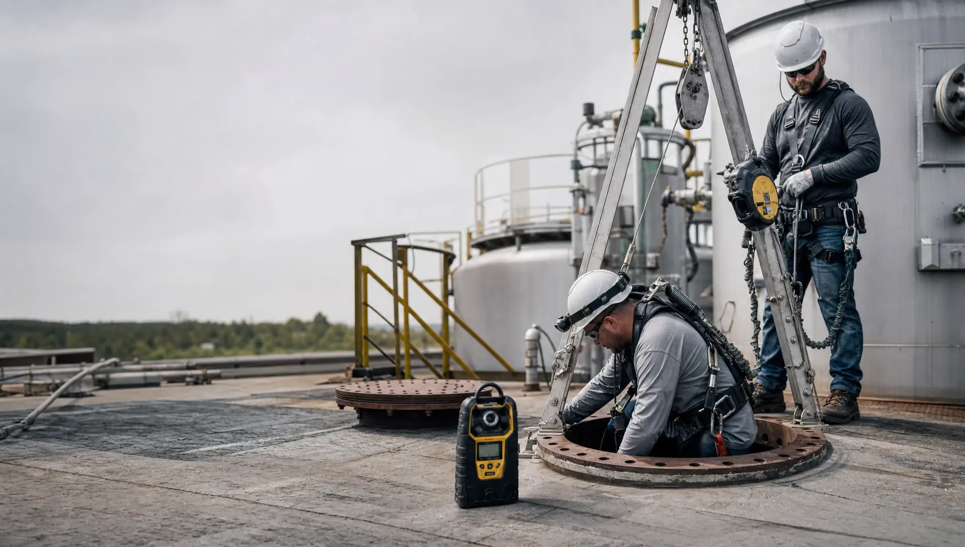 Service-Tech entry team with atmosphere monitor and attendant at a permit-required confined space hatch before interior cleaning