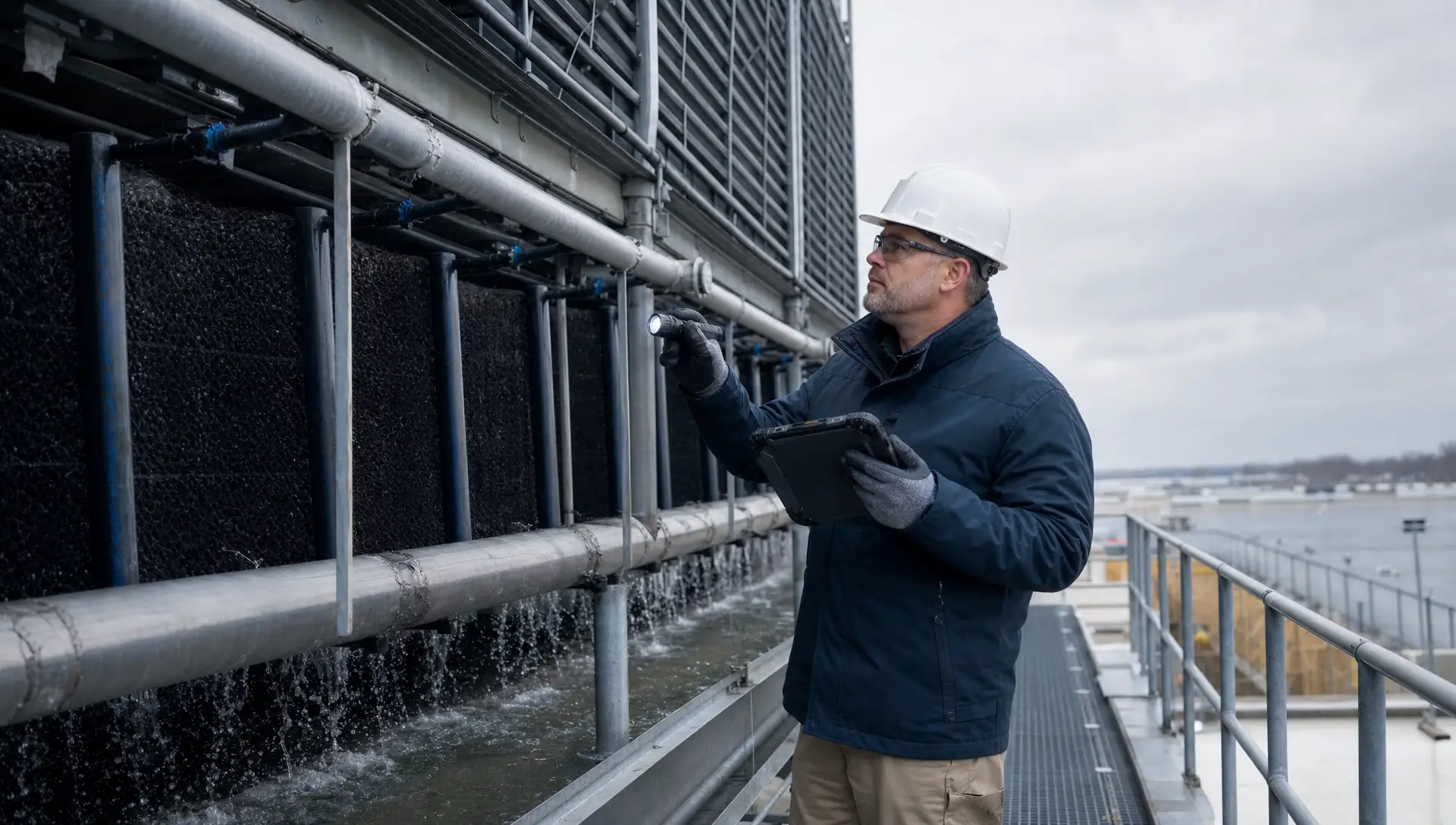 Service-Tech inspector documenting fill media condition inside a crossflow cooling tower with camera and inspection light