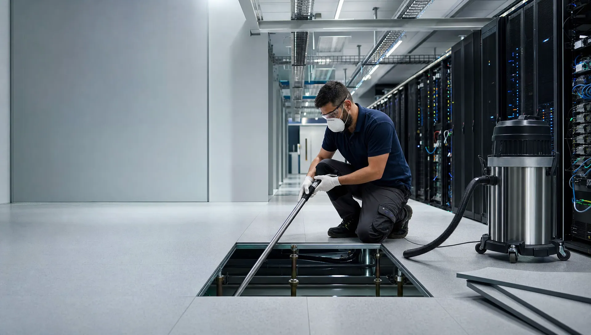 Technician cleaning raised-floor data center white space with anti-static HEPA vacuum equipment alongside live server racks