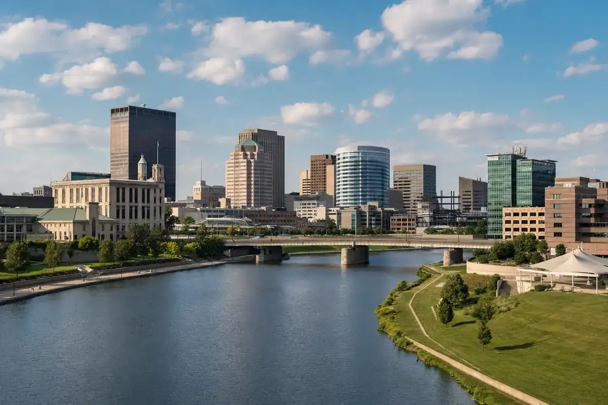 Dayton Ohio skyline along the Great Miami River, the manufacturing and aerospace market served by Service-Tech