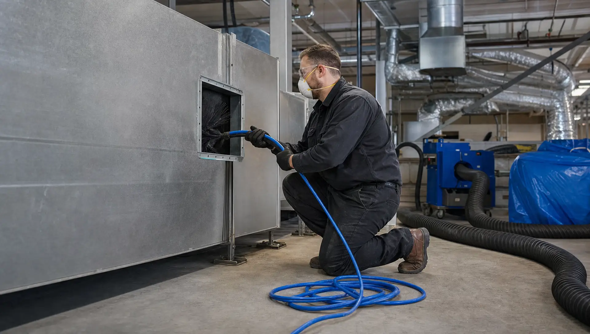 Service-Tech Corporation technician performing NADCA ACR-standard commercial air duct cleaning with negative-pressure collection equipment in a Dayton, Ohio facility