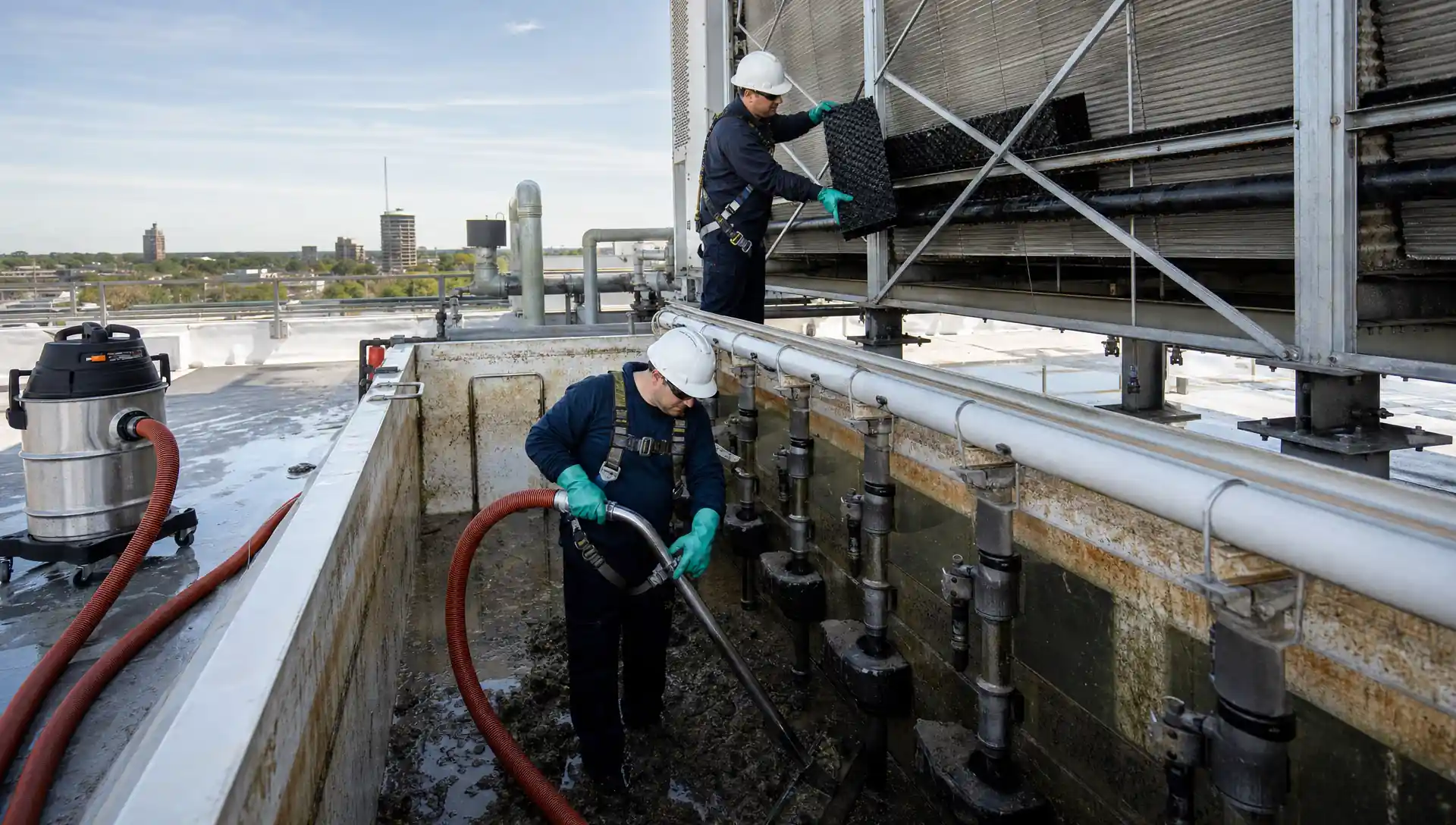 Service-Tech Corporation crew removing basin sediment and cleaning fill media inside a drained rooftop cooling tower at a Dayton, Ohio commercial facility
