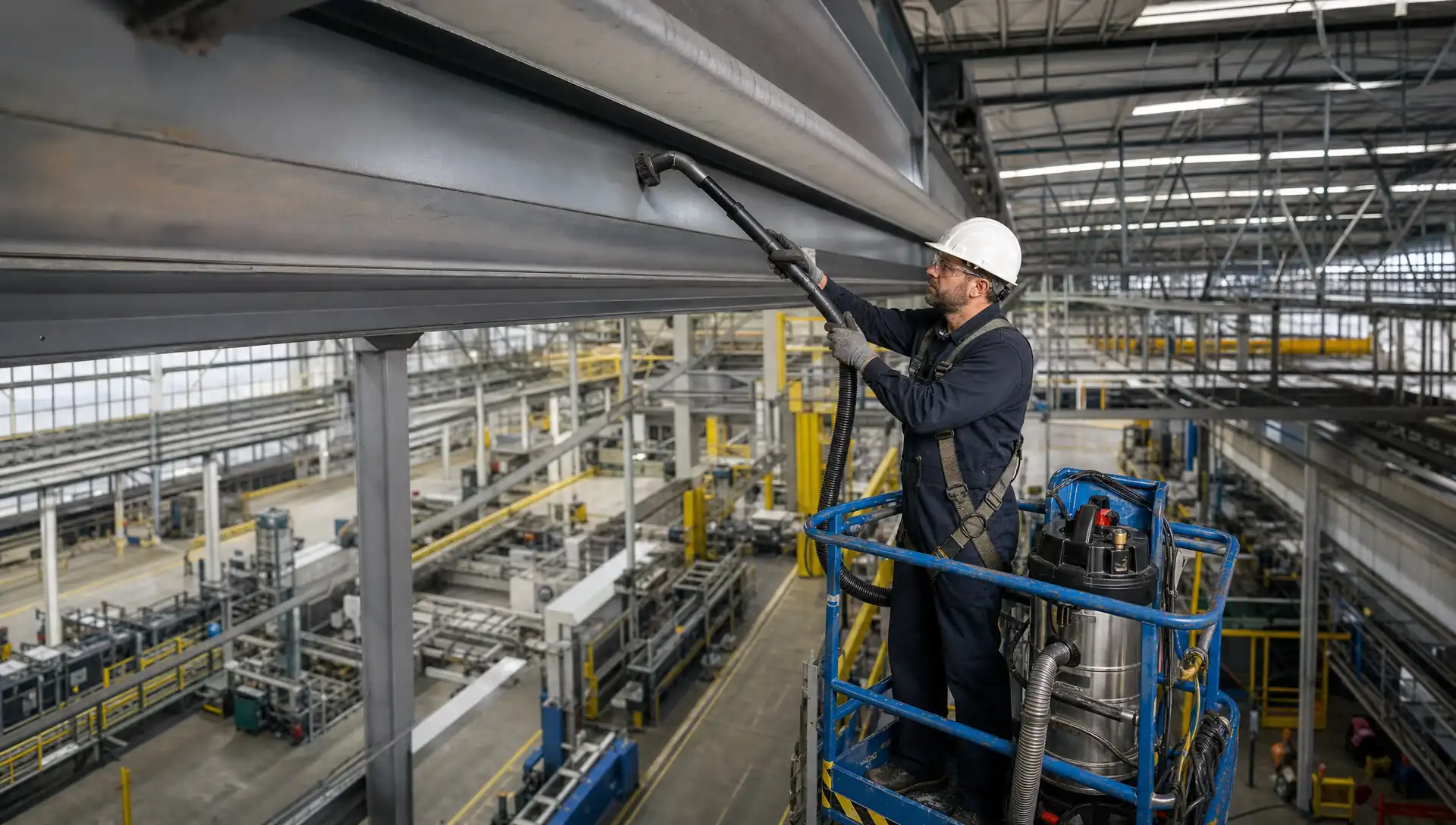 Service-Tech Corporation technician HEPA-vacuuming overhead steel structure above a production line at a Dayton, Ohio manufacturing facility