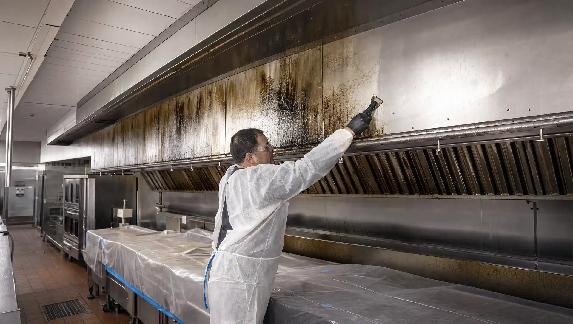 Service-Tech Corporation technician scraping grease from a commercial kitchen exhaust hood to bare metal during an NFPA 96 cleaning in Dayton, Ohio
