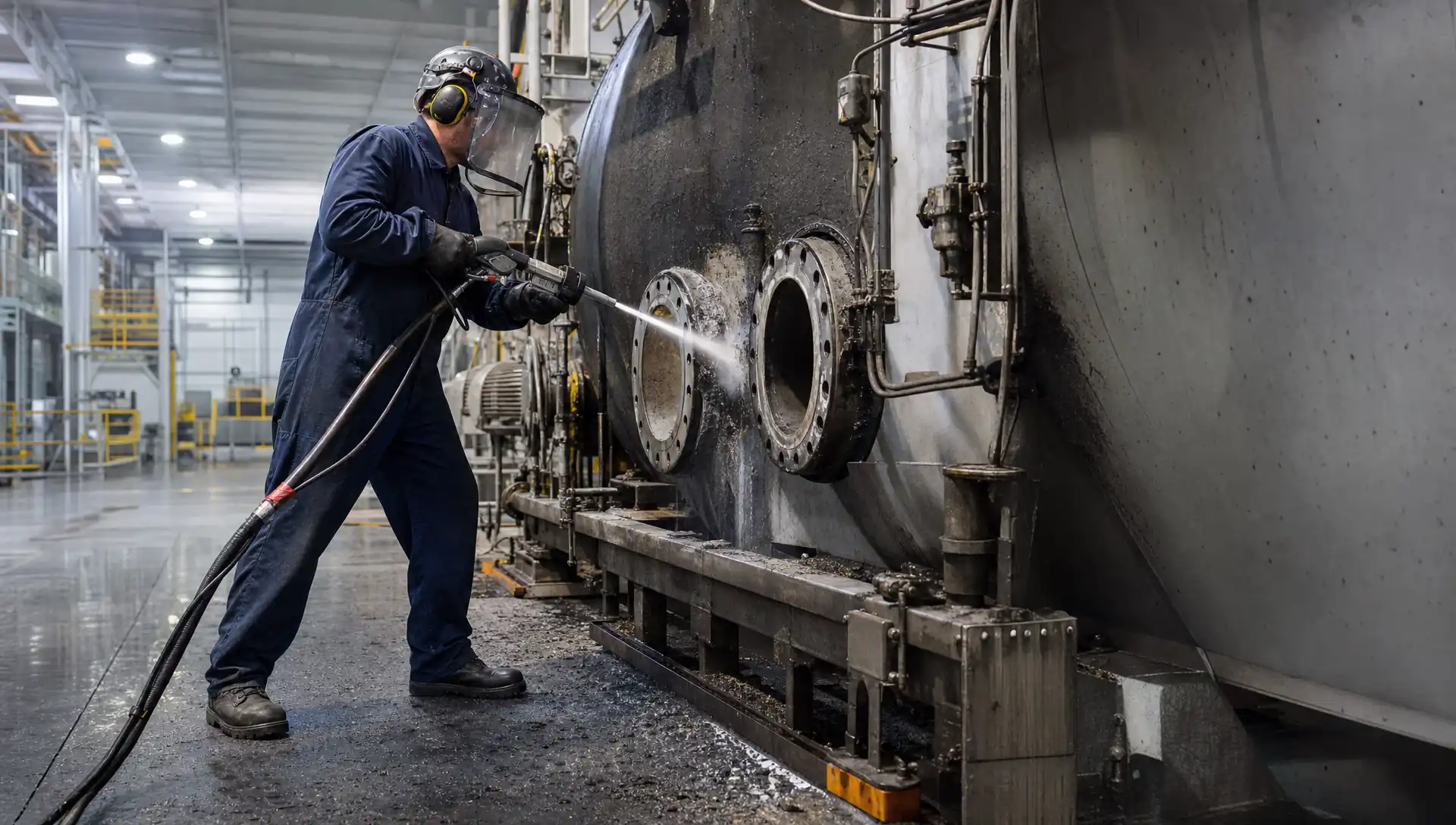 Service-Tech Corporation technician dry ice blasting industrial production equipment during a scheduled plant shutdown