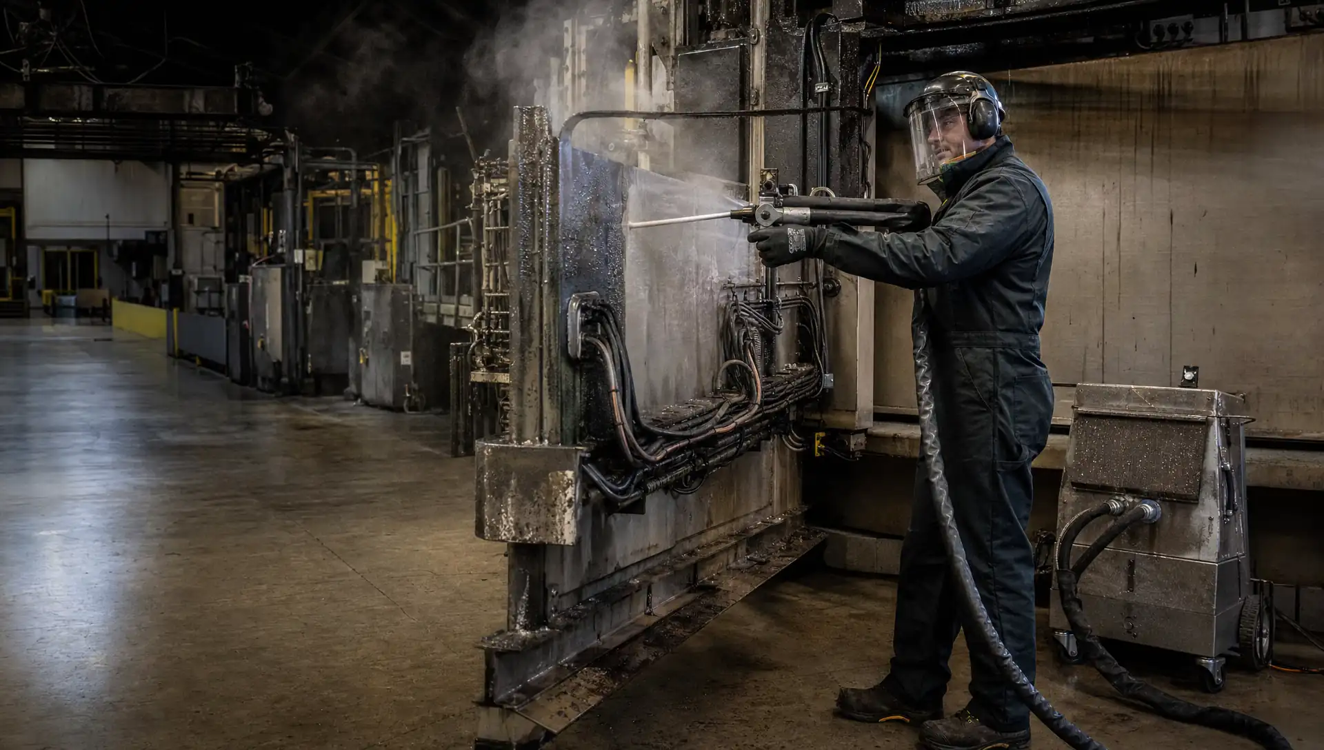 Service-Tech technician dry ice blasting industrial production equipment in place, lifting residue with CO2 pellets and no secondary waste