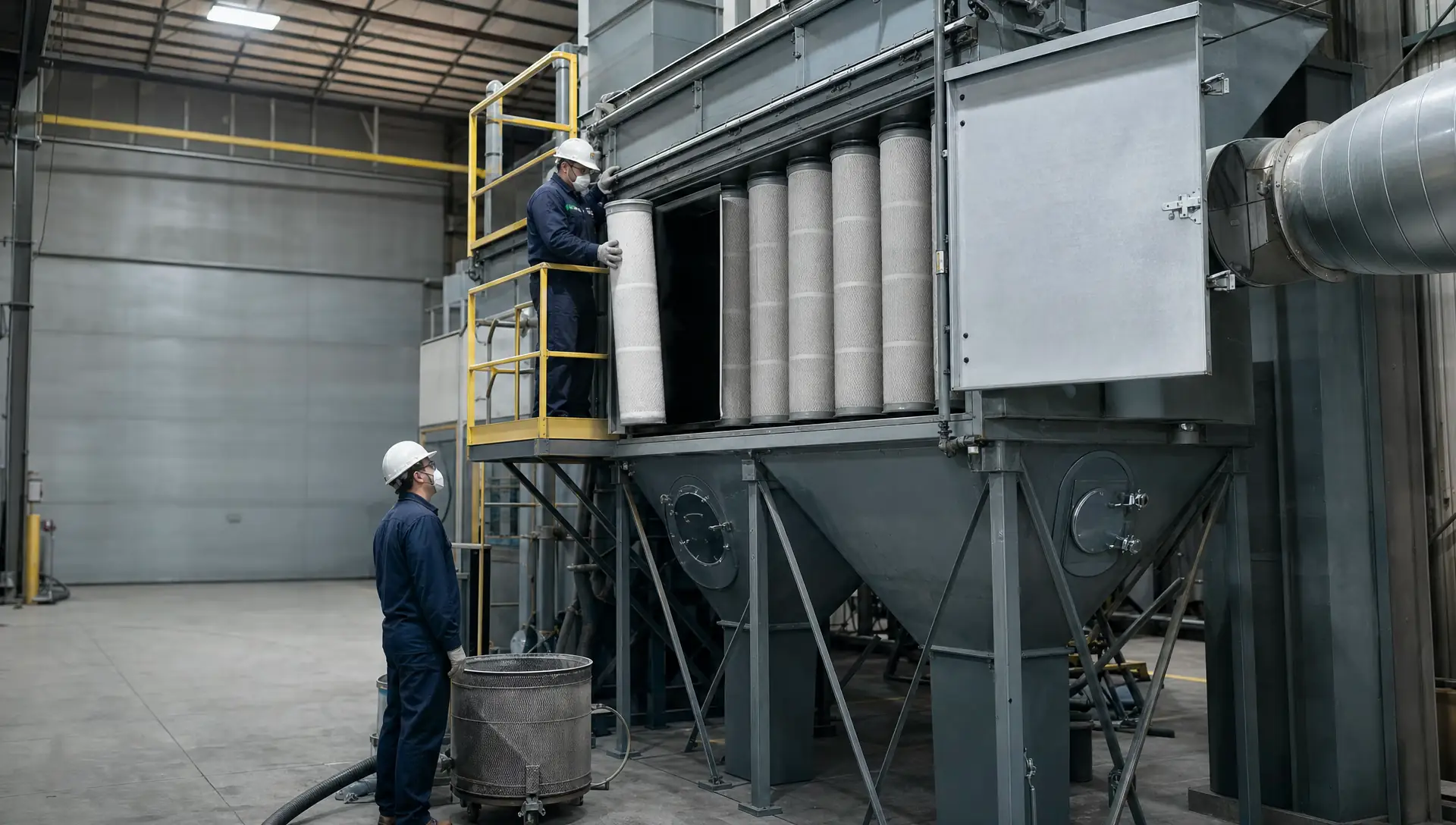 Service-Tech technician servicing a baghouse dust collector, changing filter media and cleaning the hopper and housing as one system scope