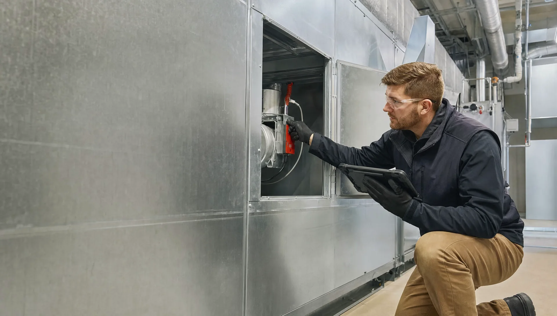 Technician performing a drop test on a fire damper inside commercial ductwork during an NFPA 80 inspection with photo documentation