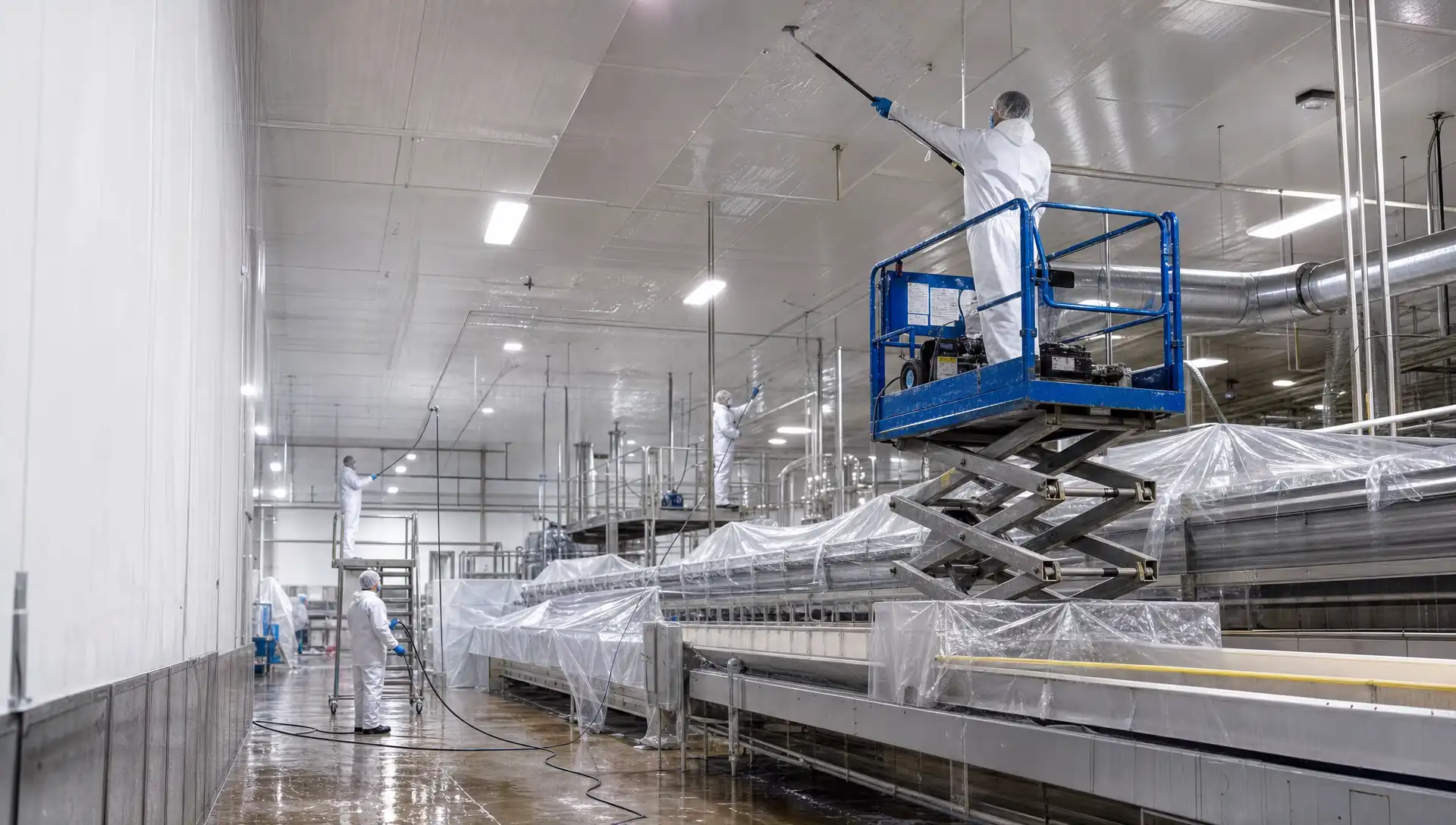 Service-Tech crew performing overhead deep sanitation above production lines in an FDA-inspected food processing plant