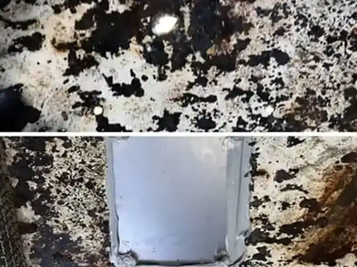 Cooling tower basin with a leaking hole, and the patched basin after Service-Tech repair