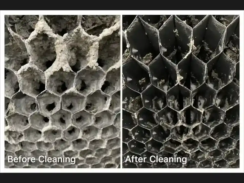 Cooling tower fill pack clogged with concrete dust and calcium, and the same fill pack after Service-Tech cleaning