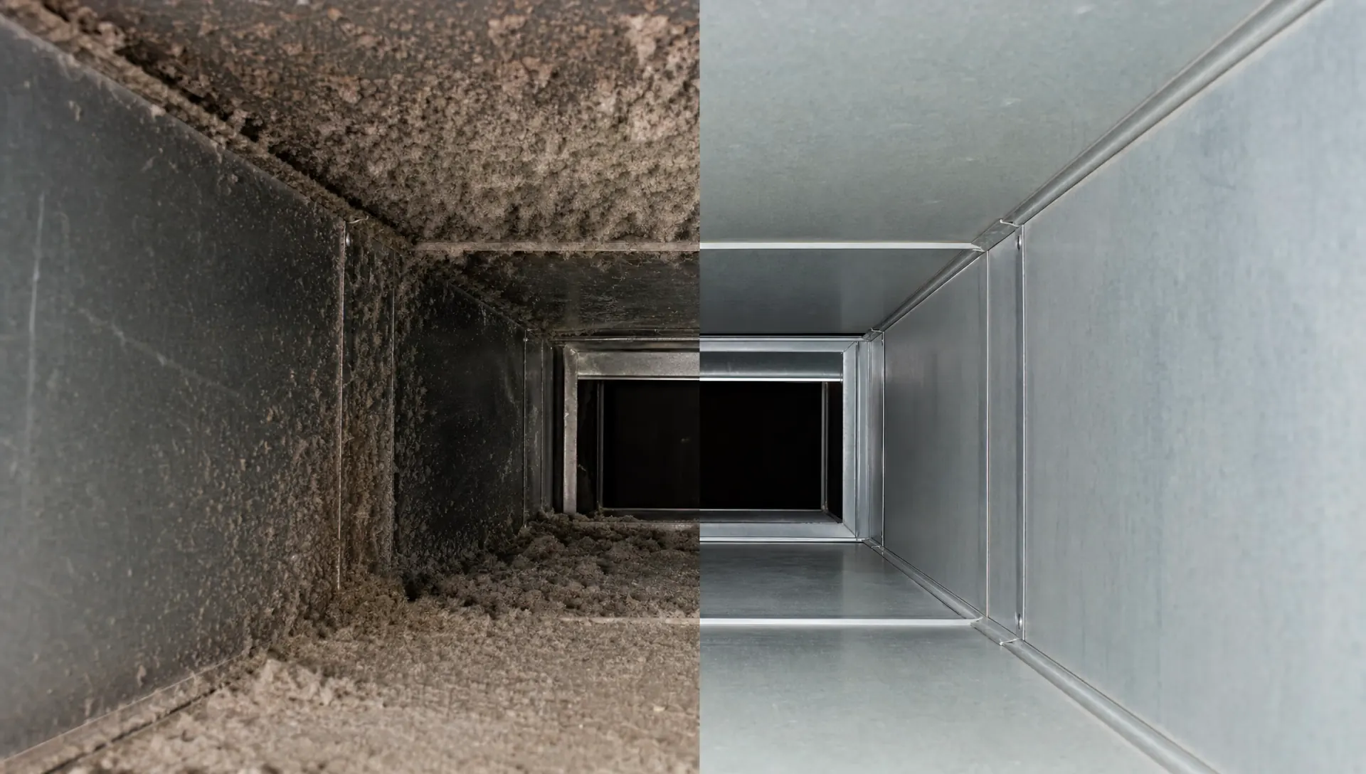 Side-by-side before and after view of an industrial exhaust duct cleaned by Service-Tech