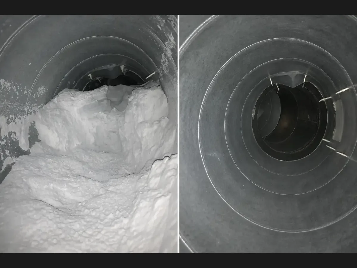 Dust collection duct packed with dust, and the same duct after Service-Tech cleaning