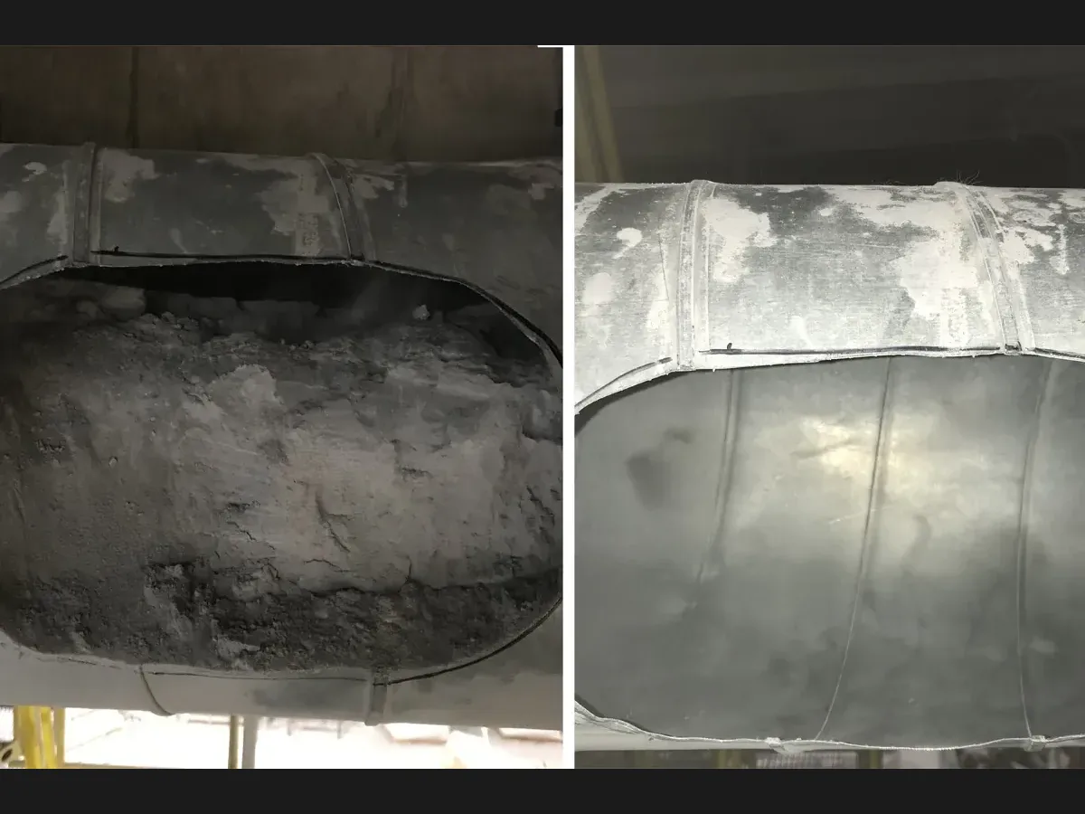 Oval dust collector duct caked with dust, and the same duct after Service-Tech cleaning
