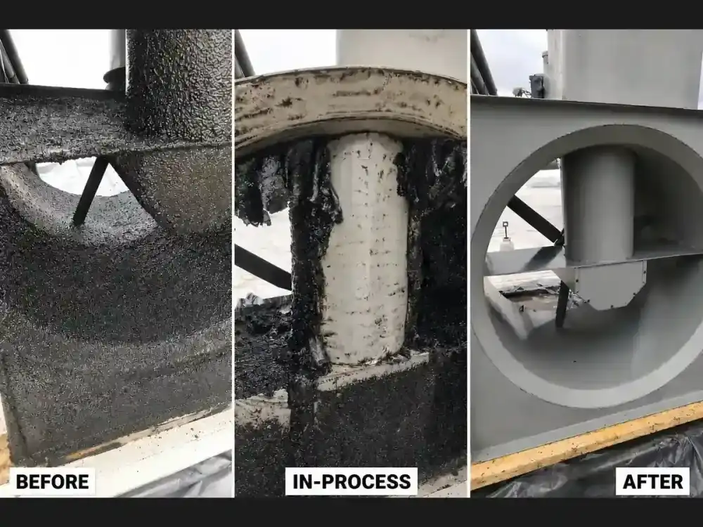 Industrial exhaust fan before, during and after Service-Tech removed heavy black buildup
