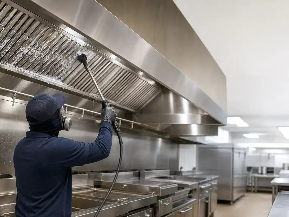 Service-Tech technician in a respirator pressure washing a commercial kitchen exhaust hood