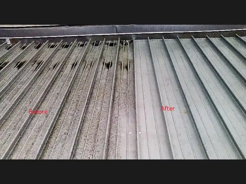 Rooftop around a kitchen exhaust fan covered in grease, and the same roof after Service-Tech power washing