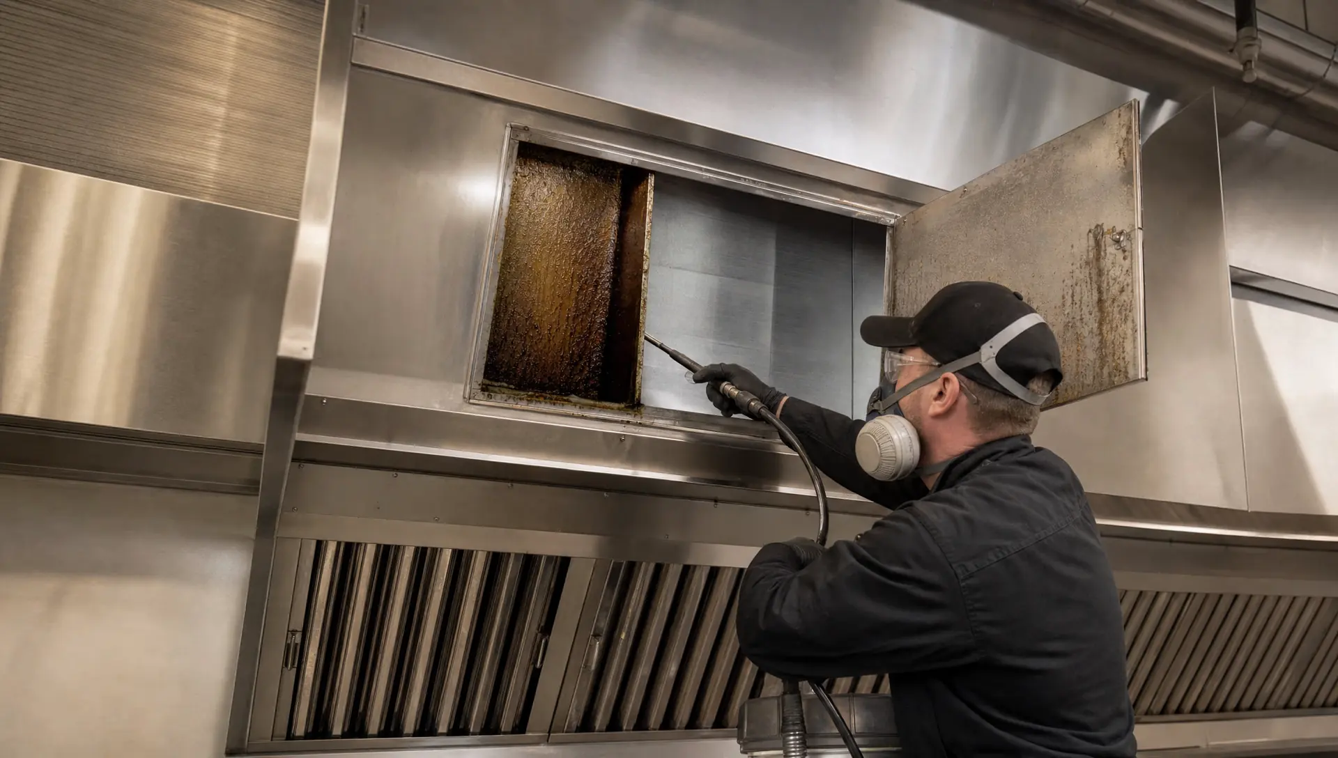 Interior of a commercial kitchen grease duct cleaned to bare metal by Service-Tech, viewed through a code-required access panel
