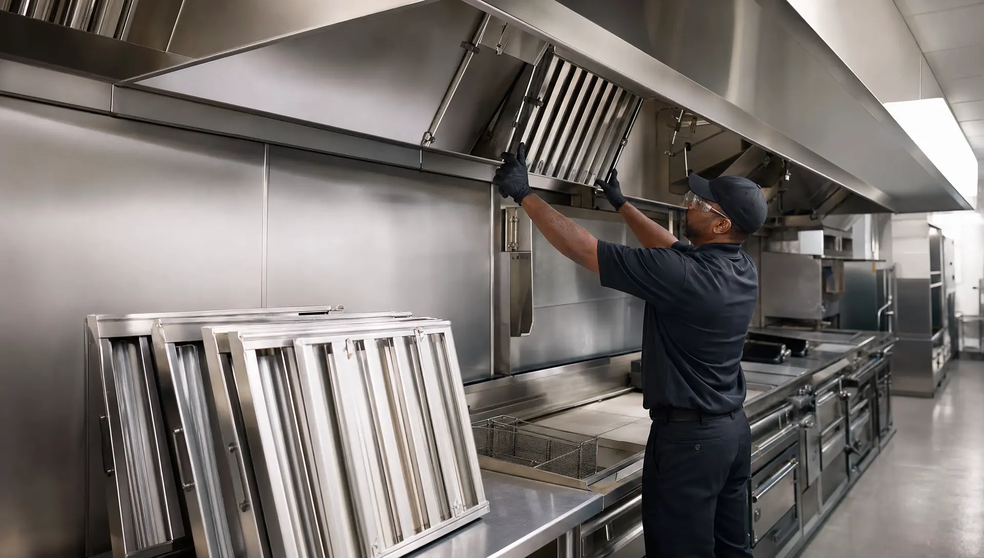 Service-Tech technician installing a clean listed baffle filter into a commercial kitchen hood frame