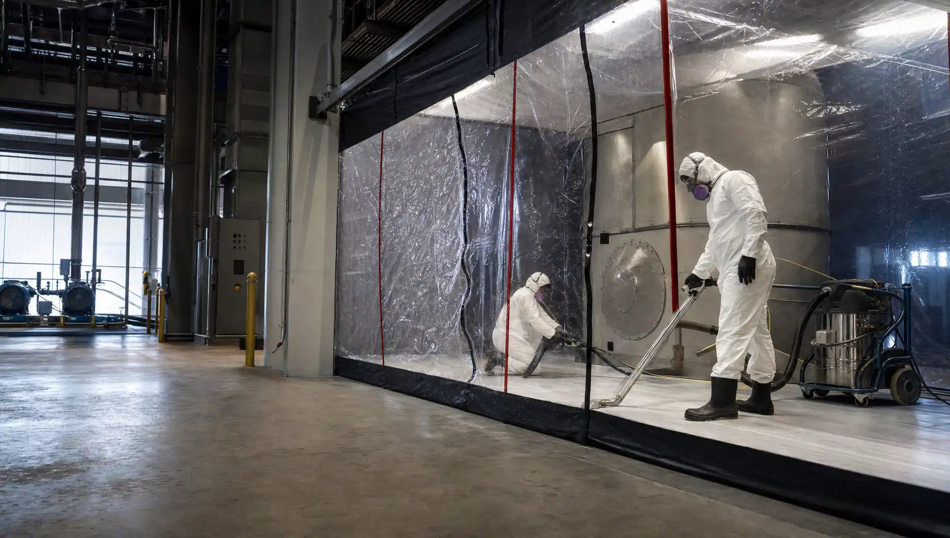 Service-Tech technicians in protective equipment performing planned hazardous residue cleaning with containment inside an industrial facility