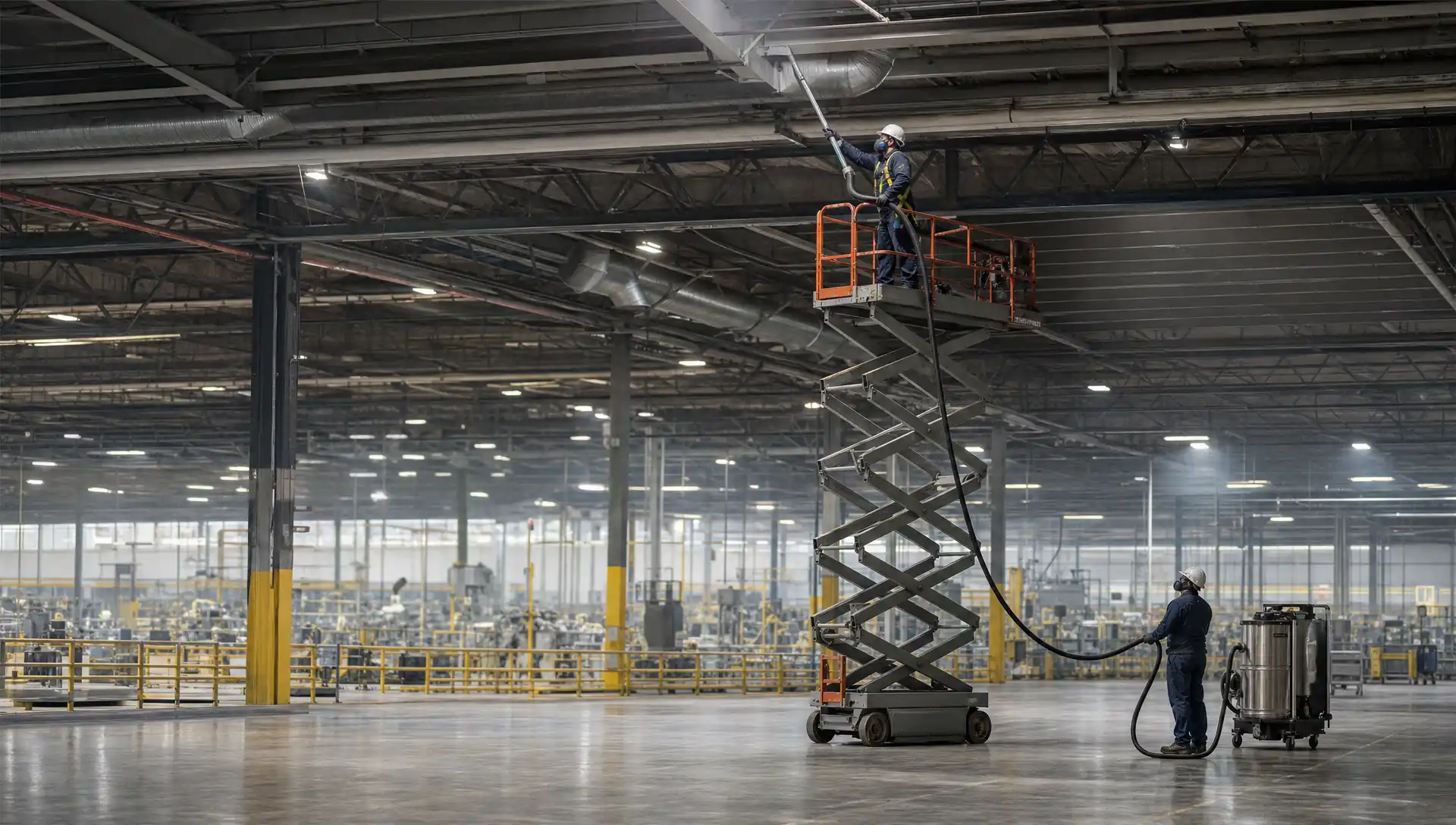 Service-Tech crew high dusting industrial rafters and overhead piping with HEPA vacuum equipment from a boom lift above a plant floor
