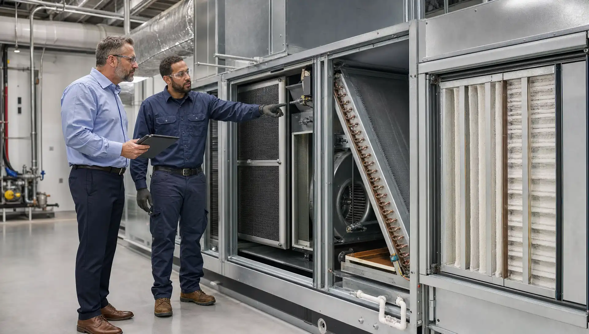 Facility manager reviewing an HVAC cleaning inspection checklist with a Service-Tech Corporation technician beside a commercial air handler
