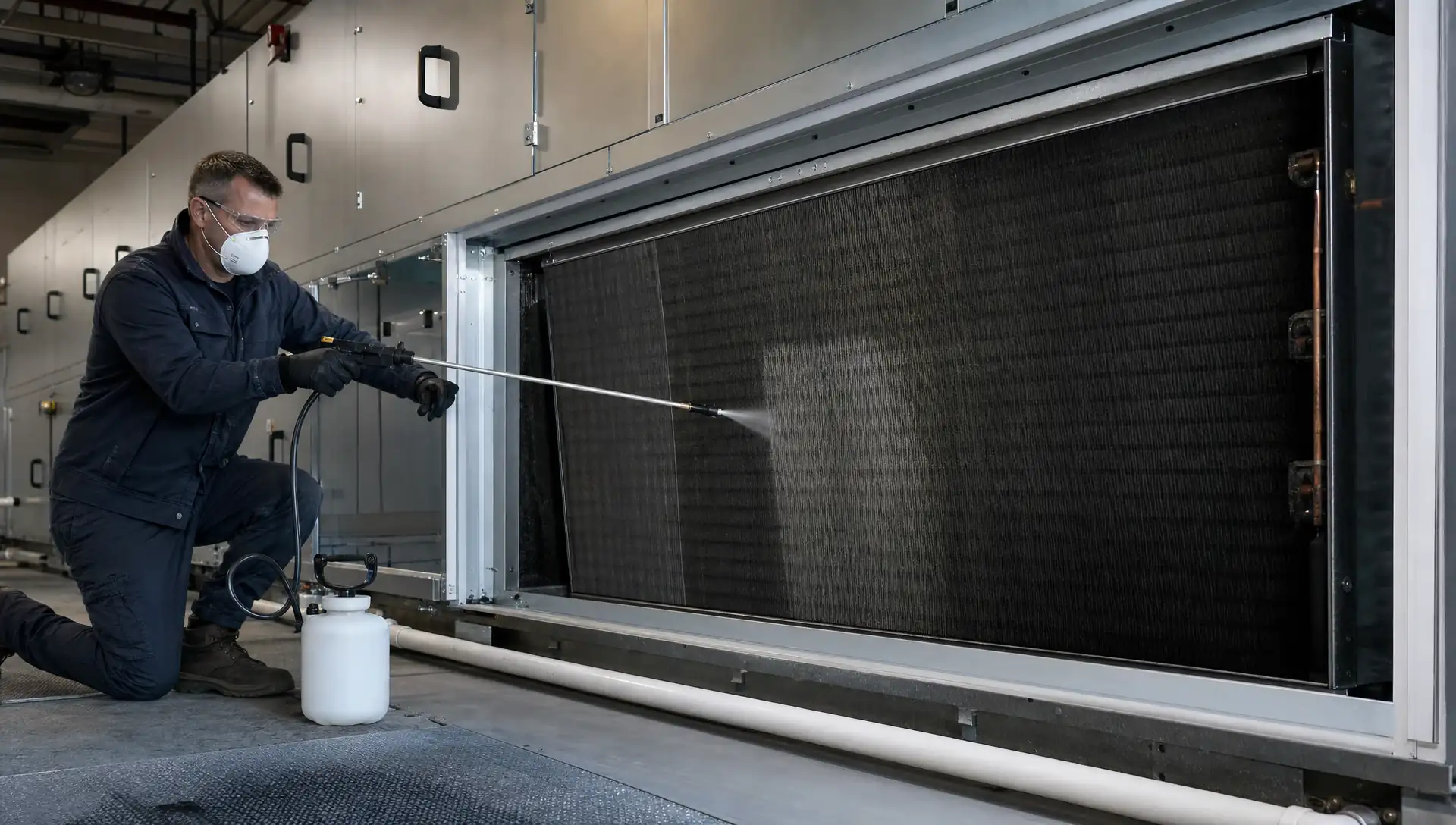 Service-Tech technician deep-cleaning a commercial air handler evaporator coil with coil-safe chemistry and low-pressure rinse equipment