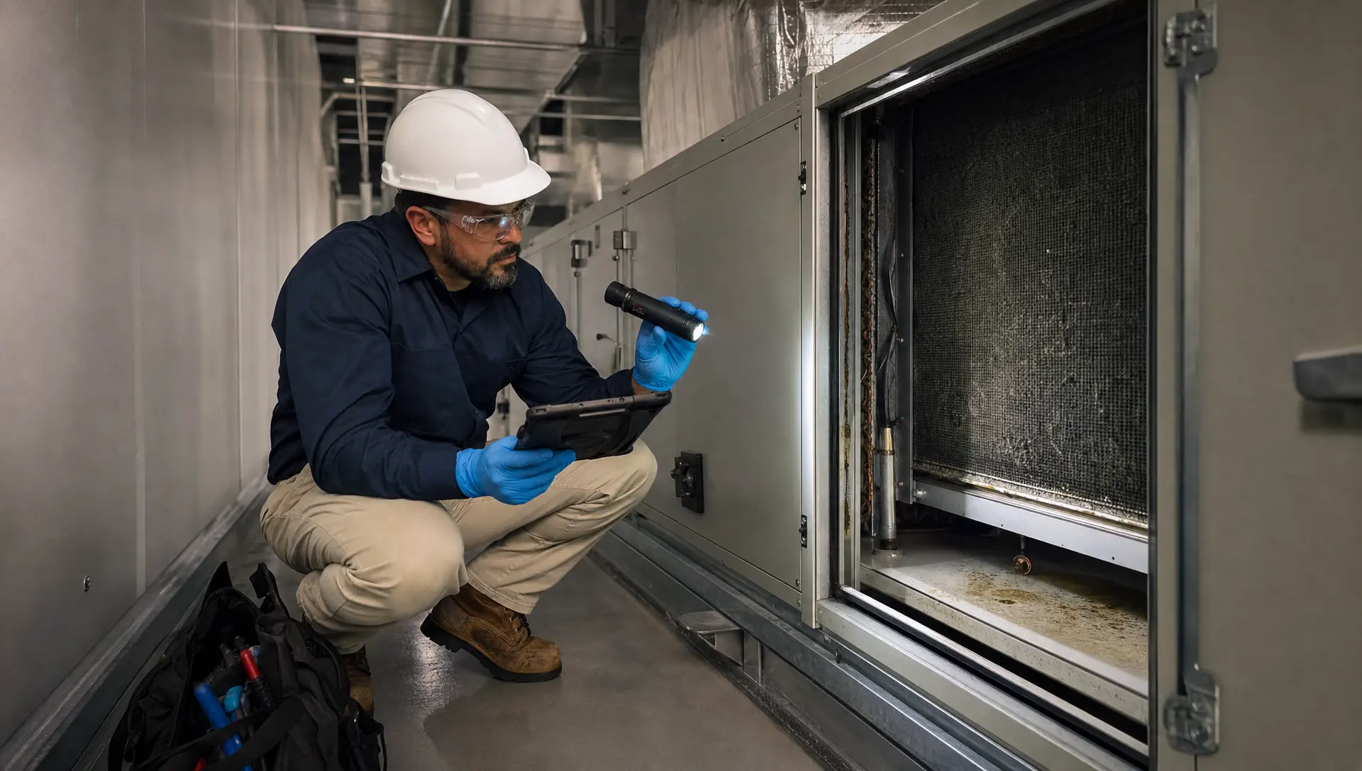Technician inspecting a commercial air handling unit interior for mold growth during an indoor air quality investigation