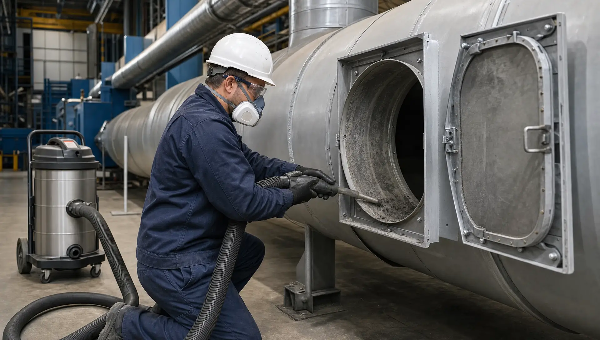 Service-Tech technician performing NADCA-standard source-removal cleaning inside large-bore industrial ductwork at a manufacturing plant