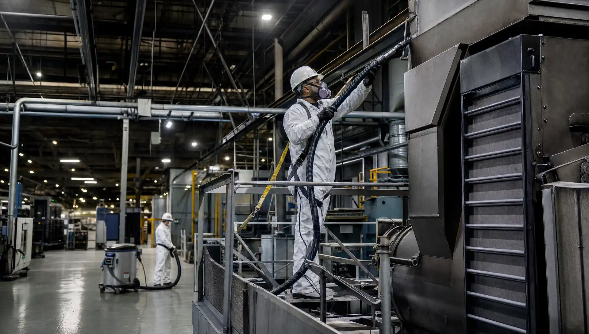 Service-Tech industrial cleaning technicians removing combustible dust from overhead steel beams and process equipment inside a manufacturing plant