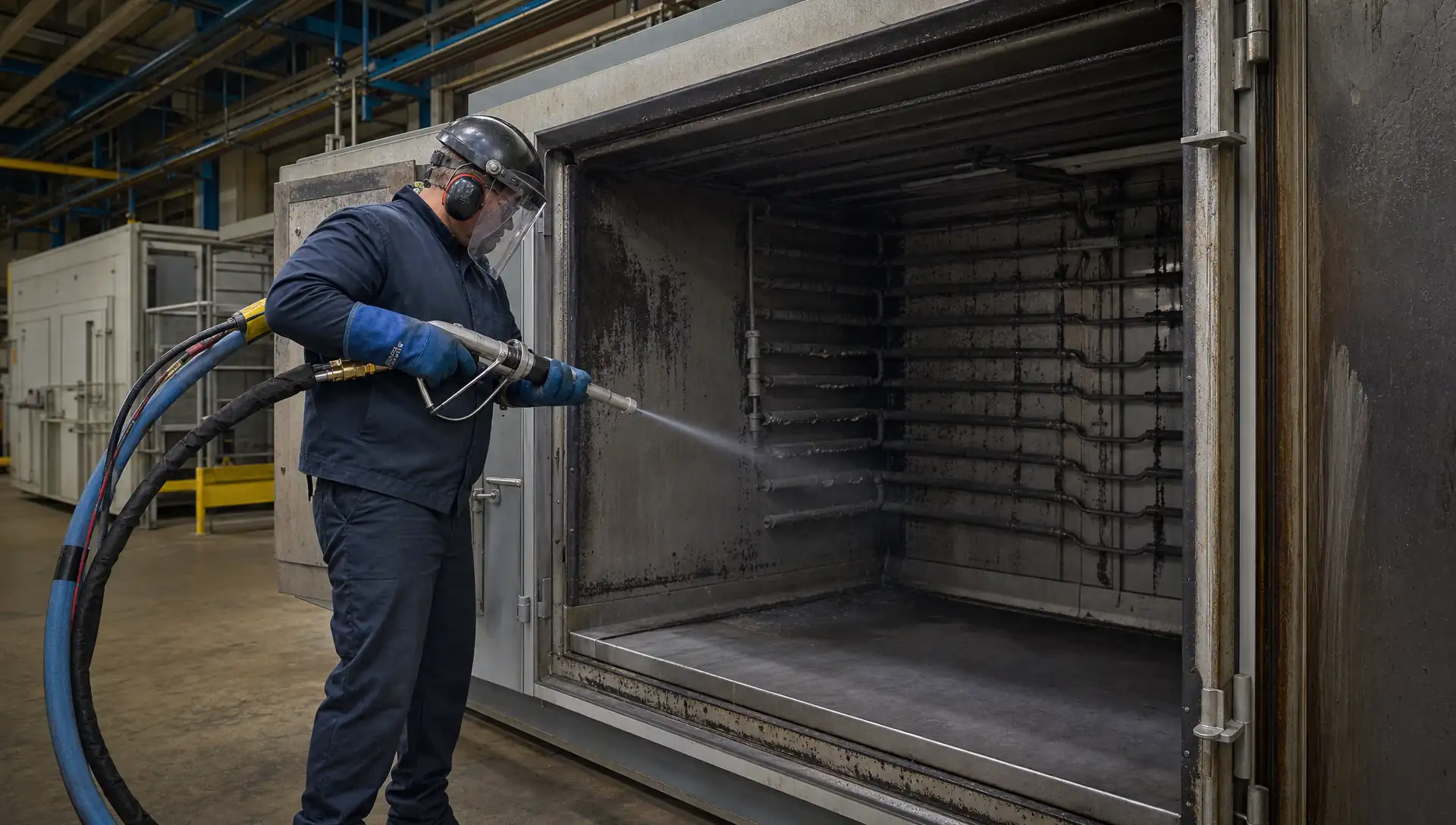 Service-Tech technician dry ice blasting carbonized residue from an industrial cure oven interior during a scheduled maintenance shutdown