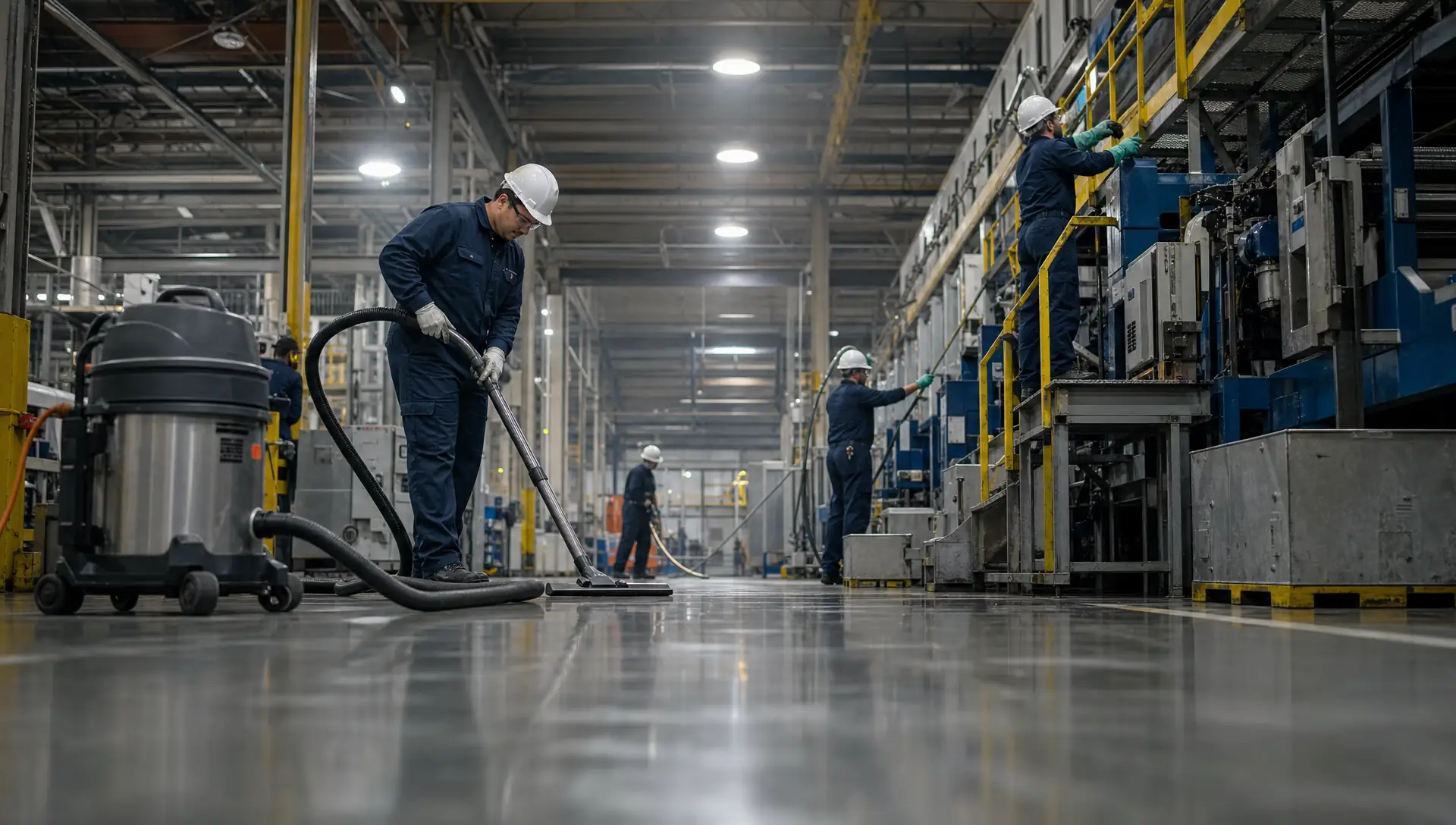 Service-Tech crew performing floors-to-rafters industrial plant cleaning across production equipment and overhead structure in a manufacturing facility
