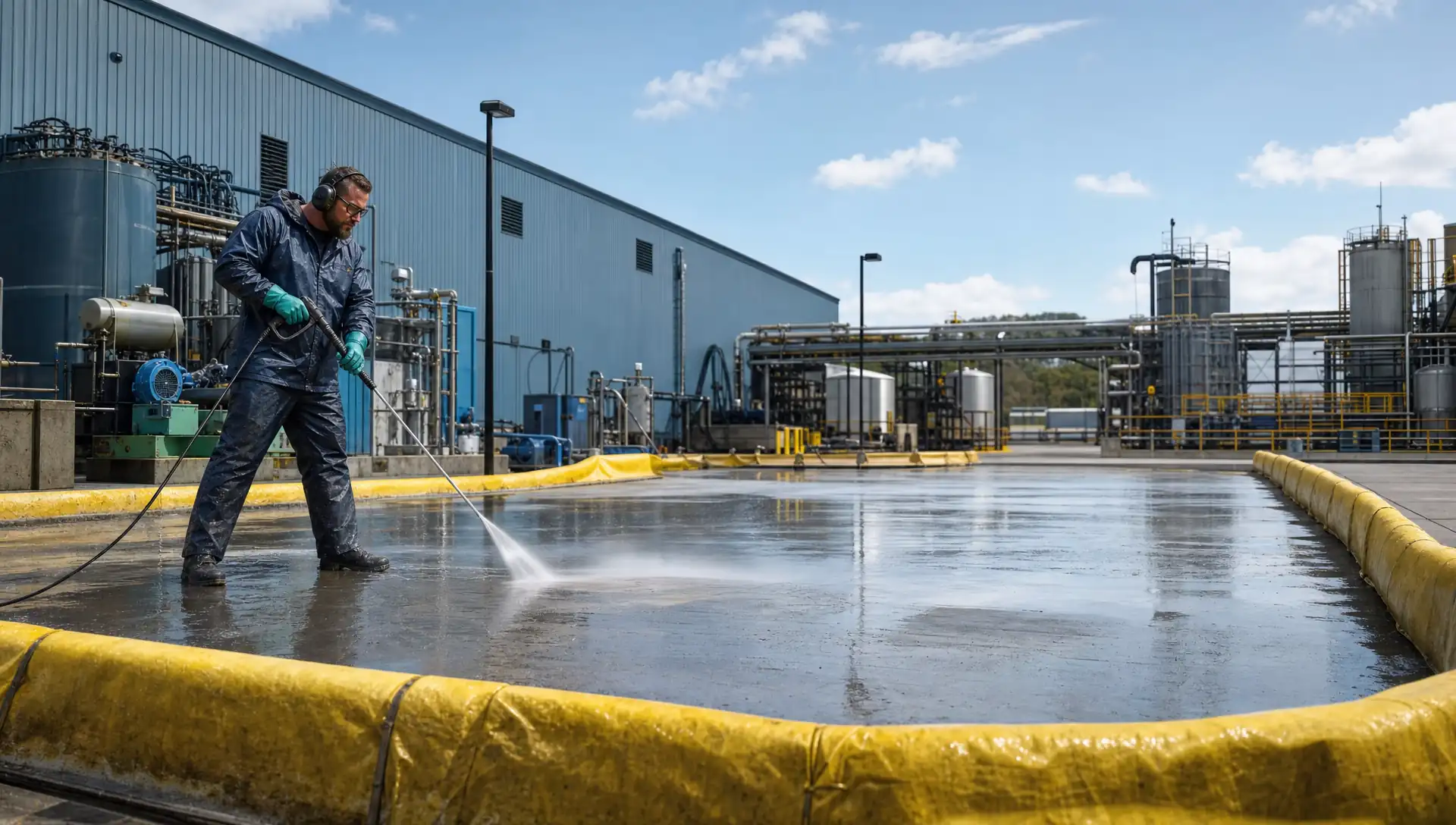Service-Tech technician high-pressure washing an industrial concrete pad with wash-water containment berms in place