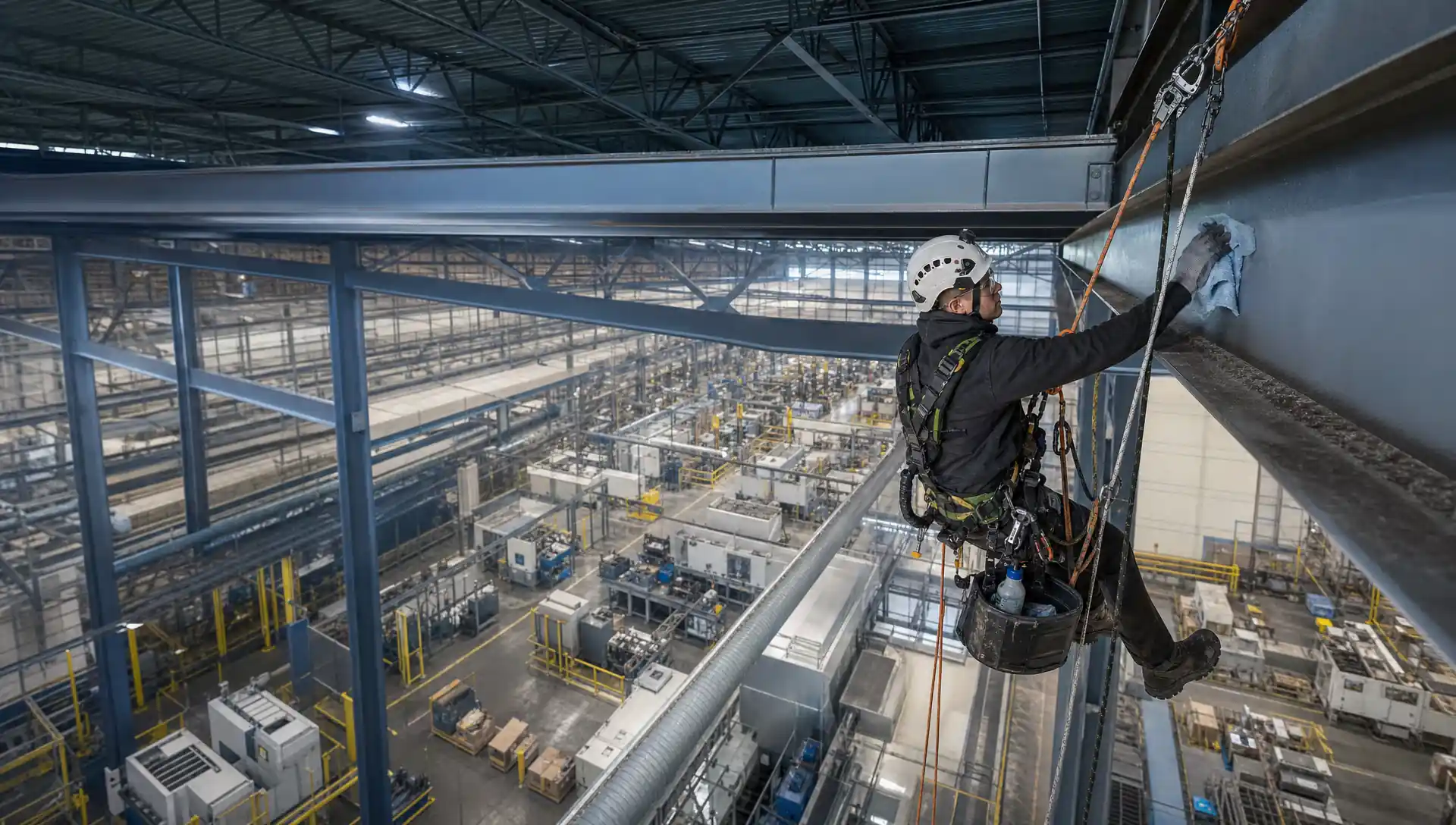 Service-Tech technician on a redundant two-rope system cleaning overhead structural steel above an industrial production floor