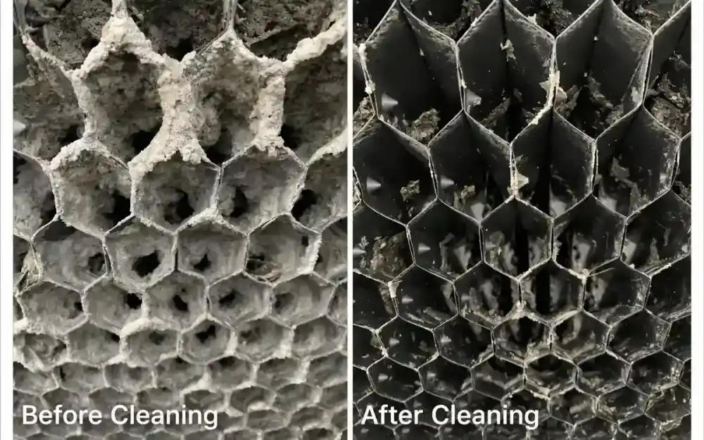 Cooling tower fill pack at an outdoor sports arena before and after Service-Tech cleaning