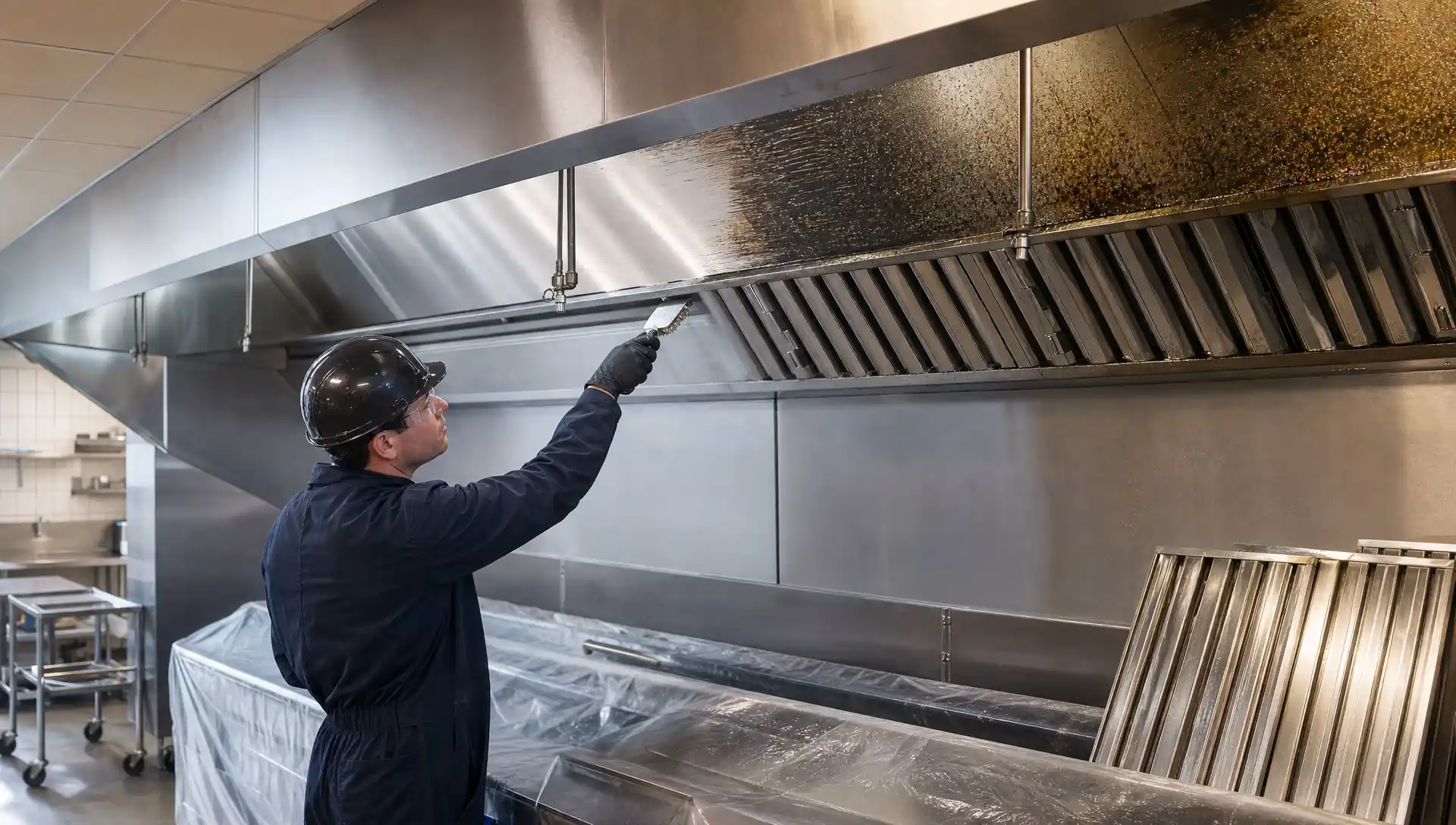 Service-Tech Corporation technician degreasing a commercial kitchen exhaust hood and filter track in a restaurant kitchen
