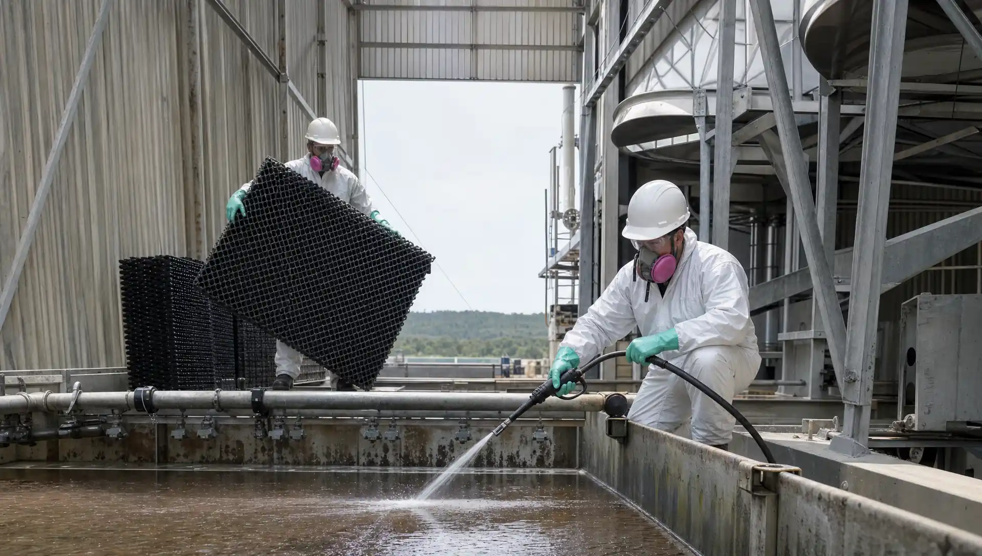 Service-Tech crew performing disinfection cleaning inside a commercial cooling tower as part of an ASHRAE 188 water management plan