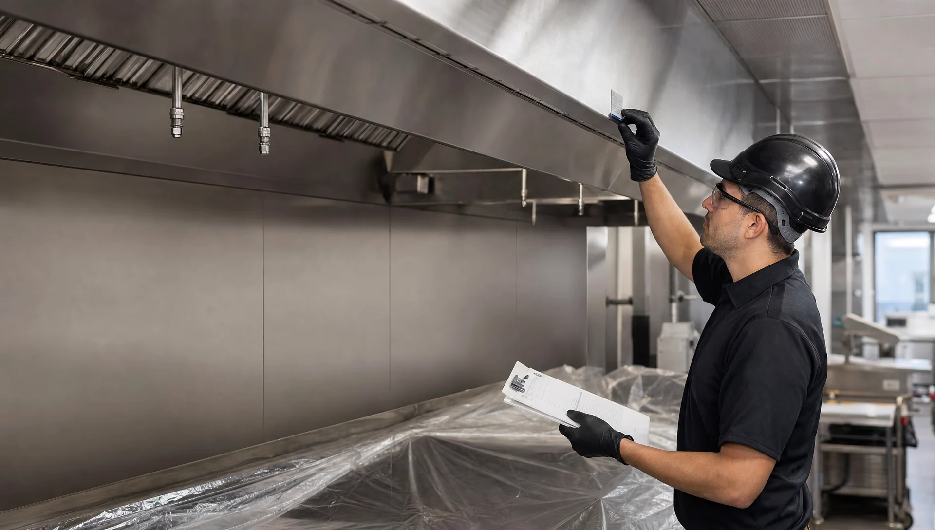Service-Tech certificate of performance and dated compliance sticker applied to a commercial kitchen hood after NFPA 96 cleaning