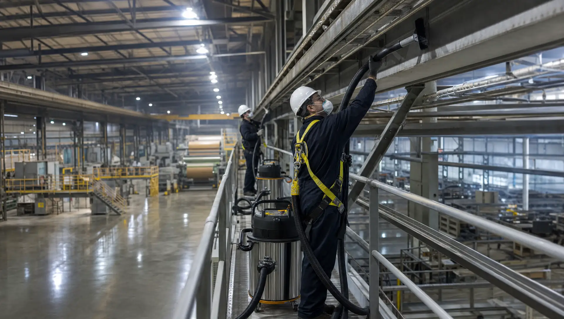 Service-Tech crew performing industrial vacuuming of paper dust from overhead structures in a southeast Arkansas mill