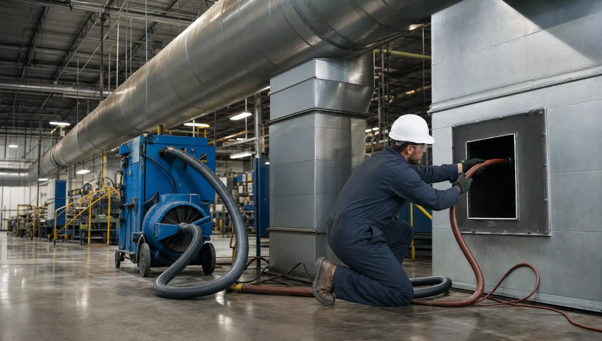 Service-Tech technician performing NADCA-standard source-removal duct cleaning under negative pressure at a Pine Bluff Arkansas industrial facility