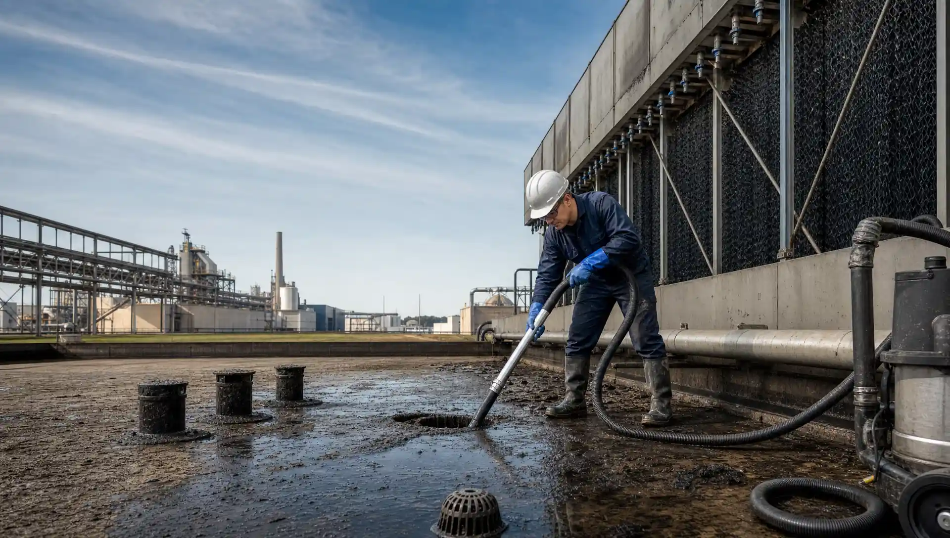 Service-Tech technician vacuuming sediment from a cooling tower basin during a planned outage at an Arkansas River corridor processing plant