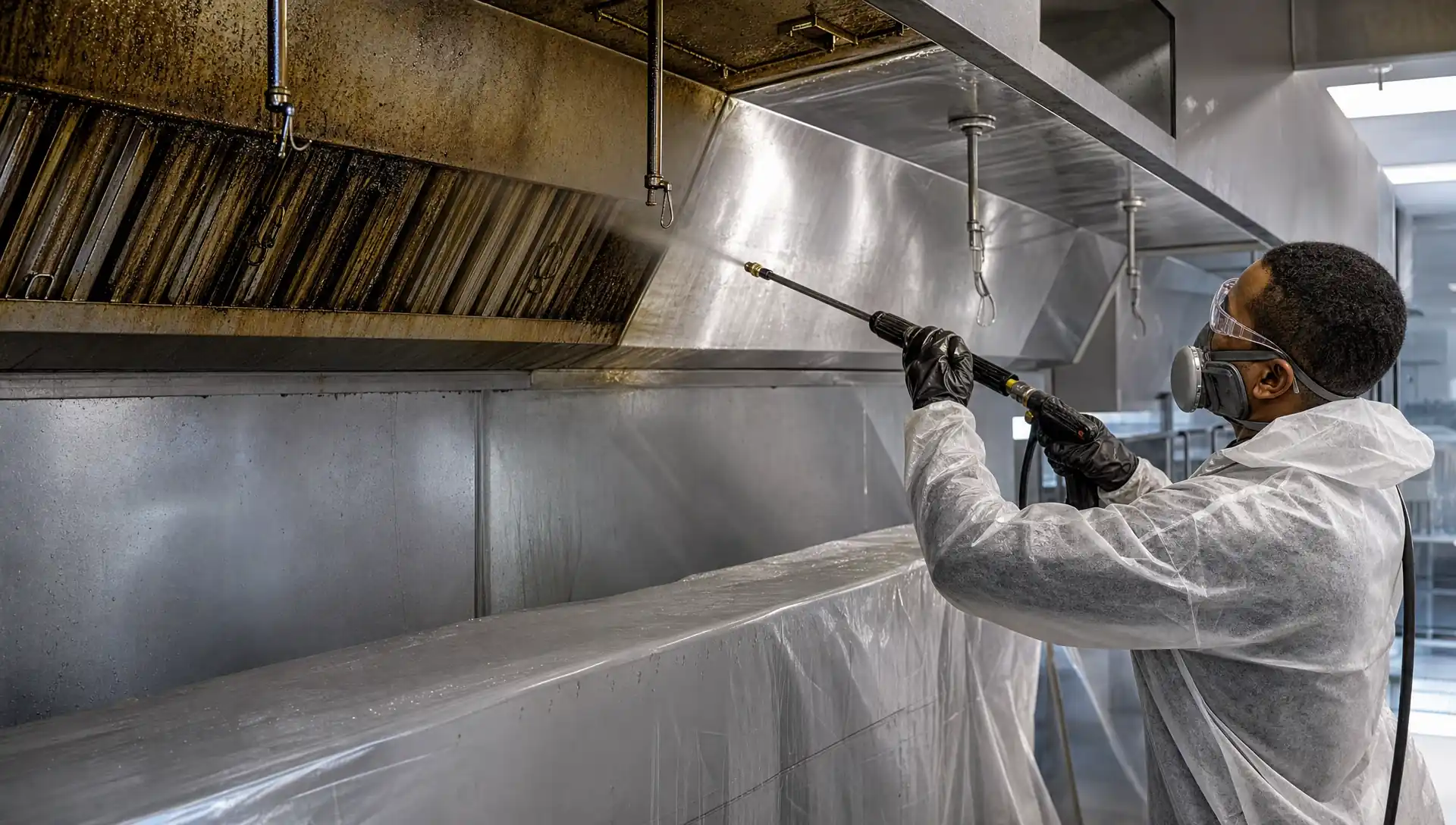 Service-Tech technician pressure-washing a commercial kitchen exhaust hood to bare metal at a Pine Bluff Arkansas institutional kitchen