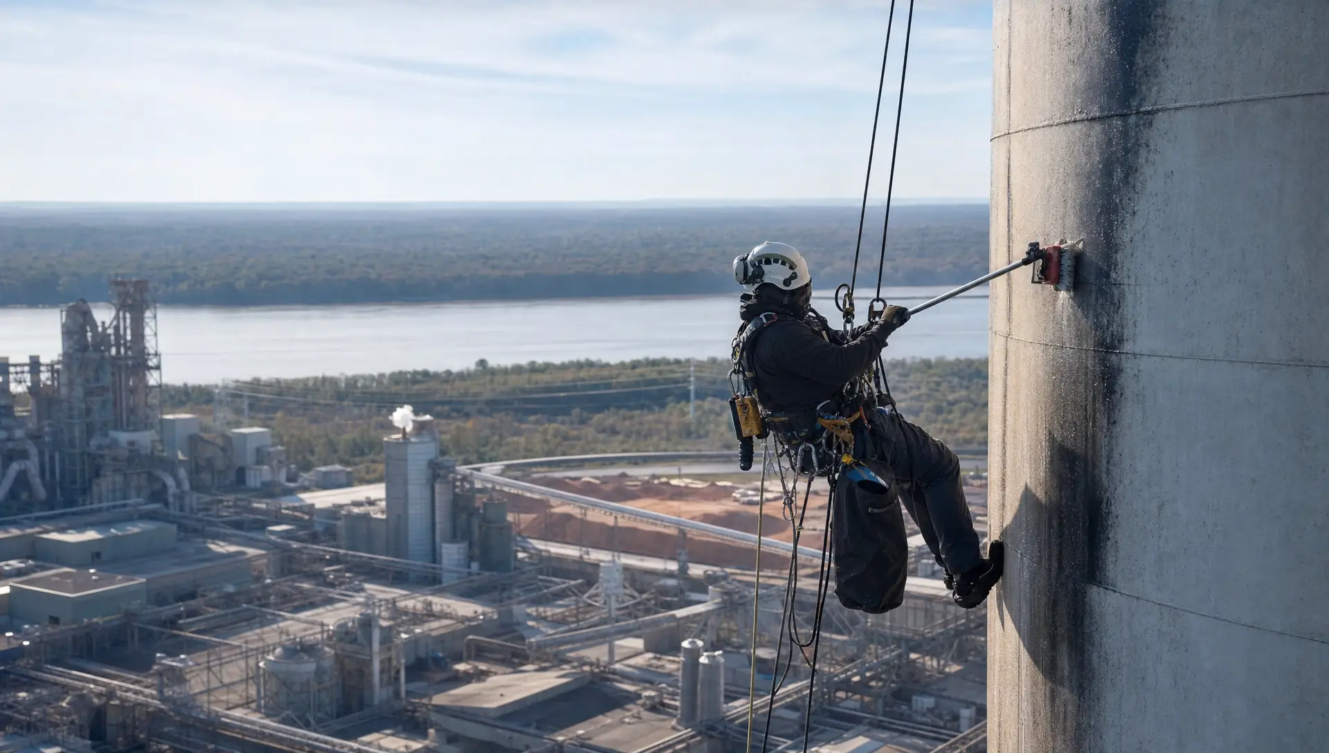 Service-Tech rope access technician on a redundant two-rope system descending an industrial stack at an Arkansas River corridor mill