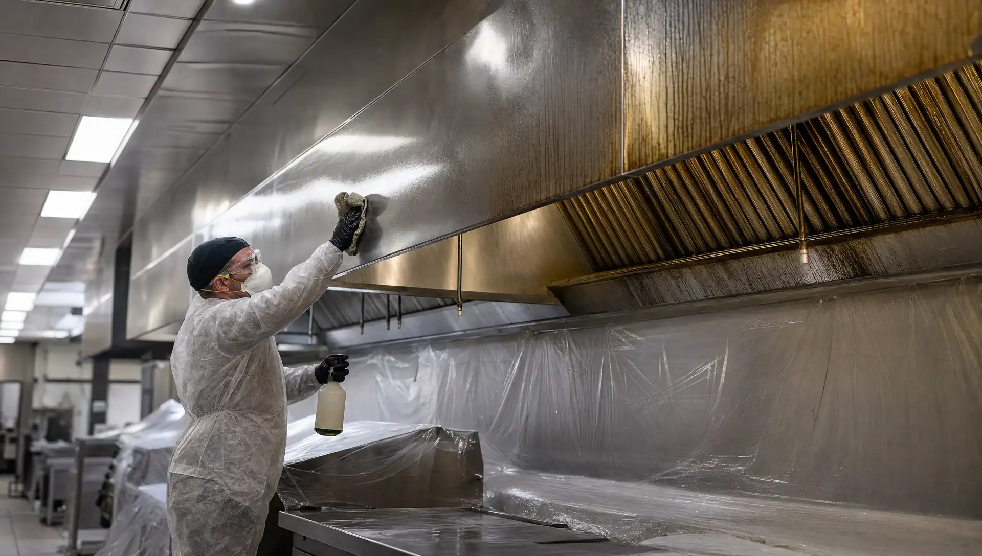 Service-Tech technician degreasing a restaurant exhaust hood canopy to bare metal during an overnight cleaning