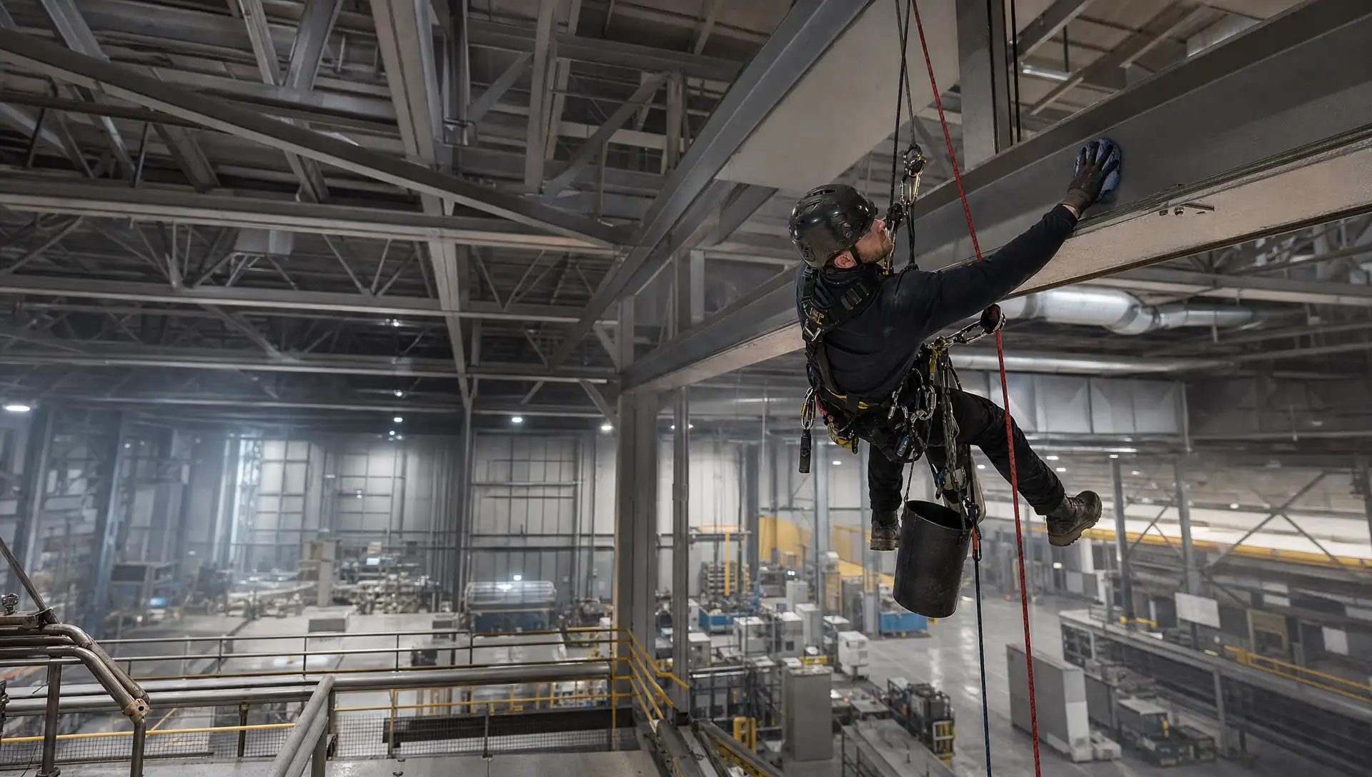 Service-Tech rope access technician on a redundant two-rope system cleaning overhead structural steel in a high-bay industrial facility