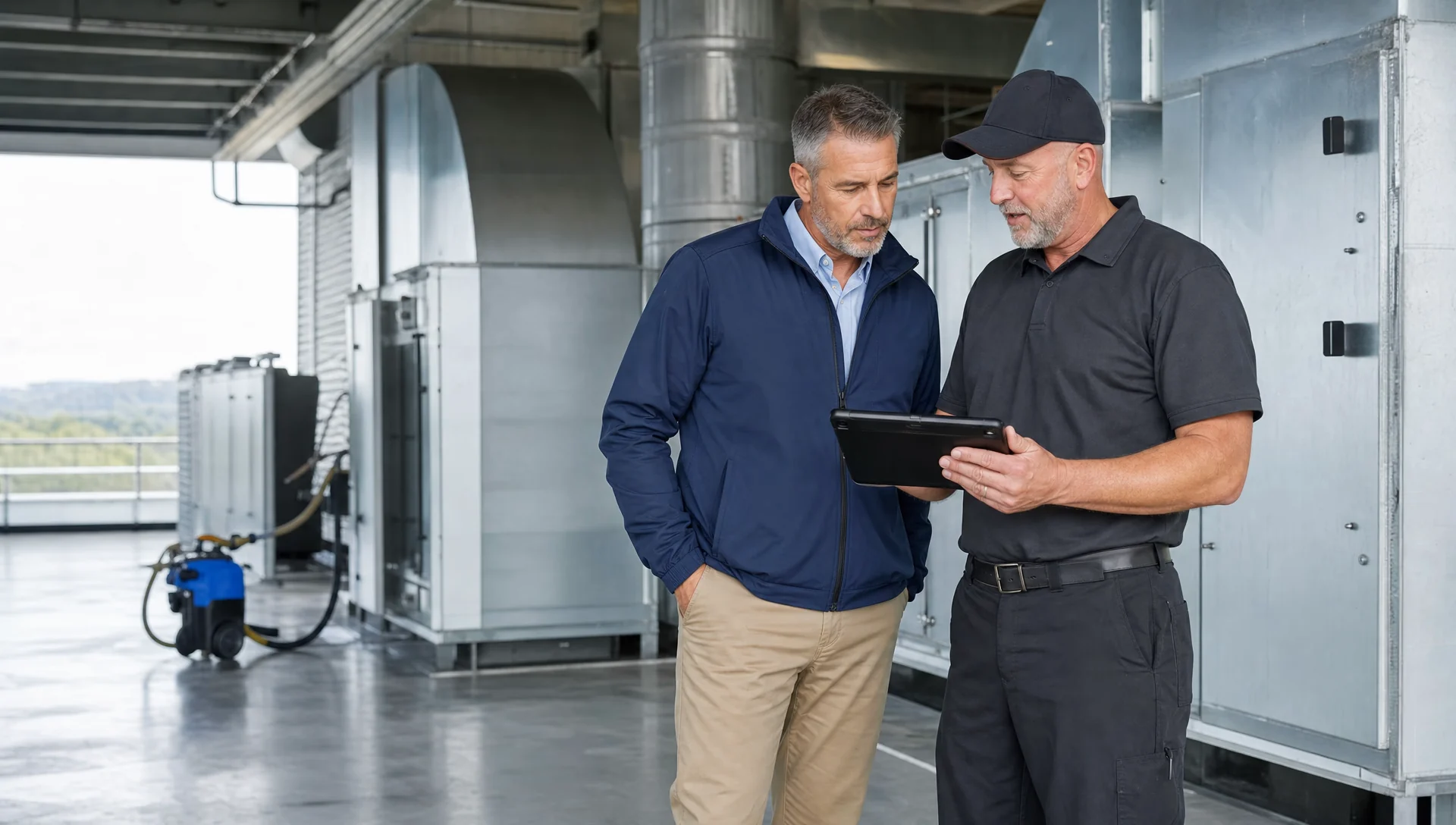 Service-Tech technician reviewing a written service quote with a facility manager