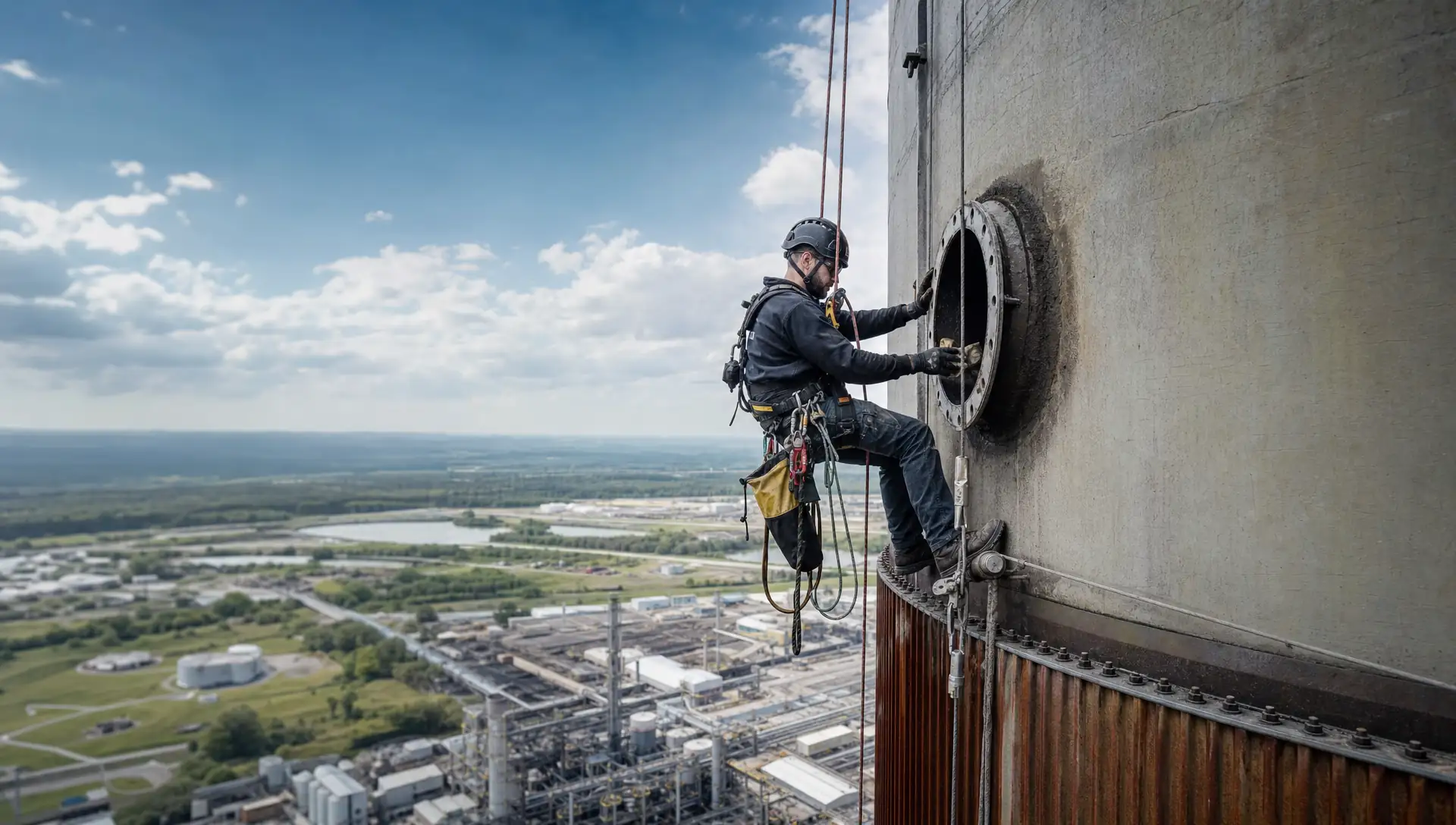Service-Tech rope access technician descending an industrial exhaust stack on a redundant two-rope system during cleaning