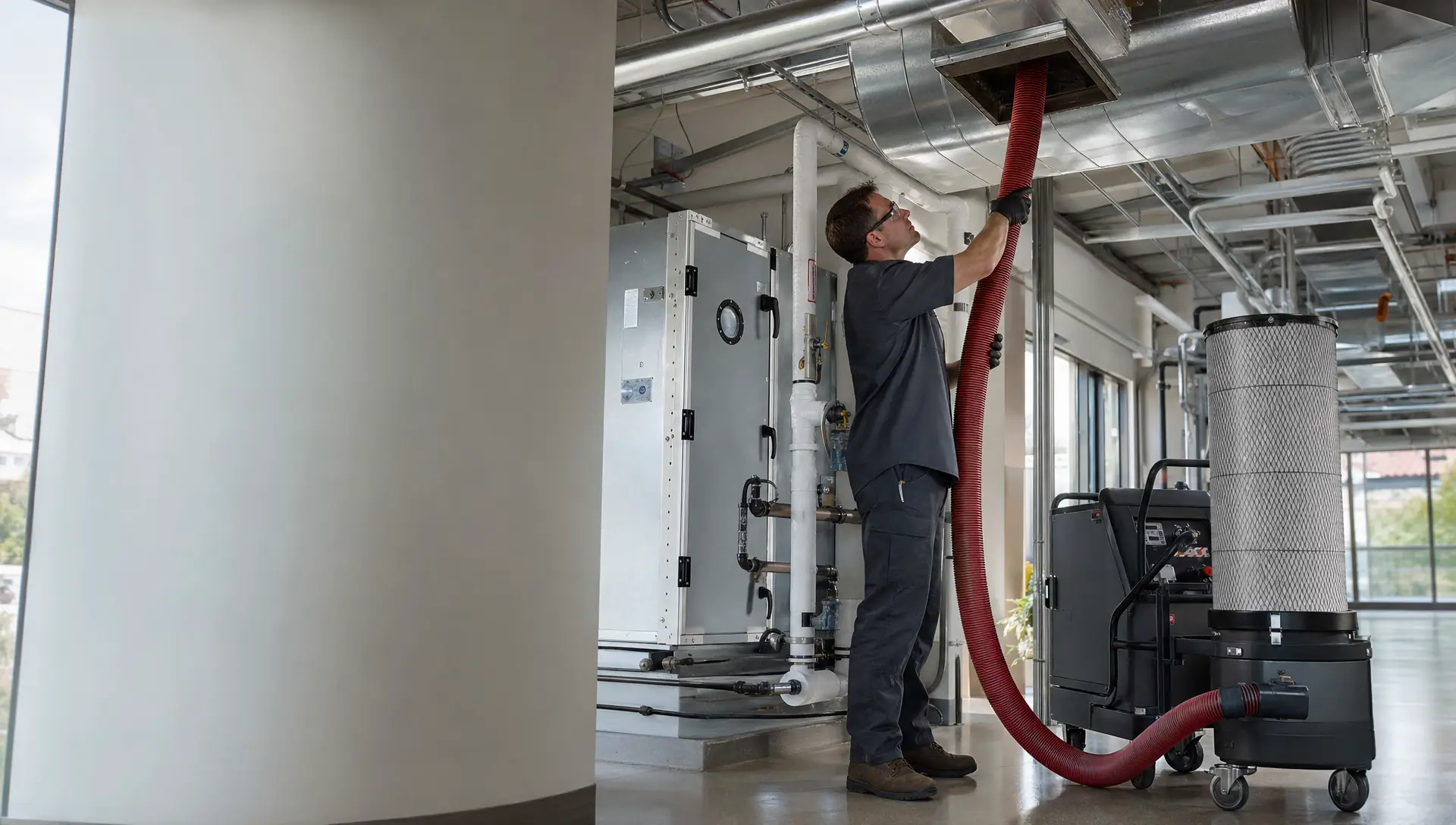 Service-Tech technician performing NADCA-standard air duct cleaning in a Tallahassee Florida institutional building