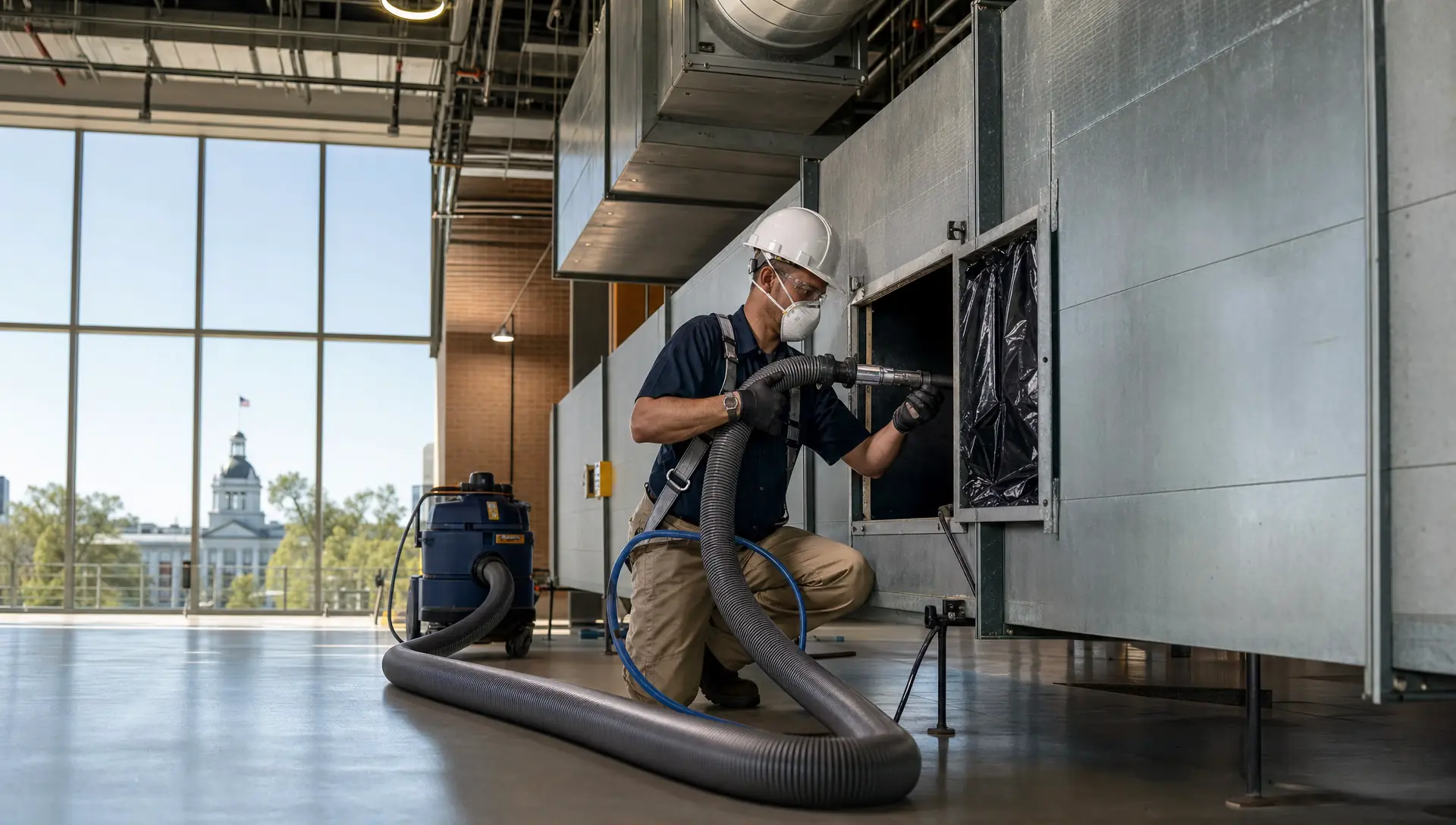 Service-Tech technician cleaning commercial supply ductwork under negative-pressure containment in a Tallahassee government building